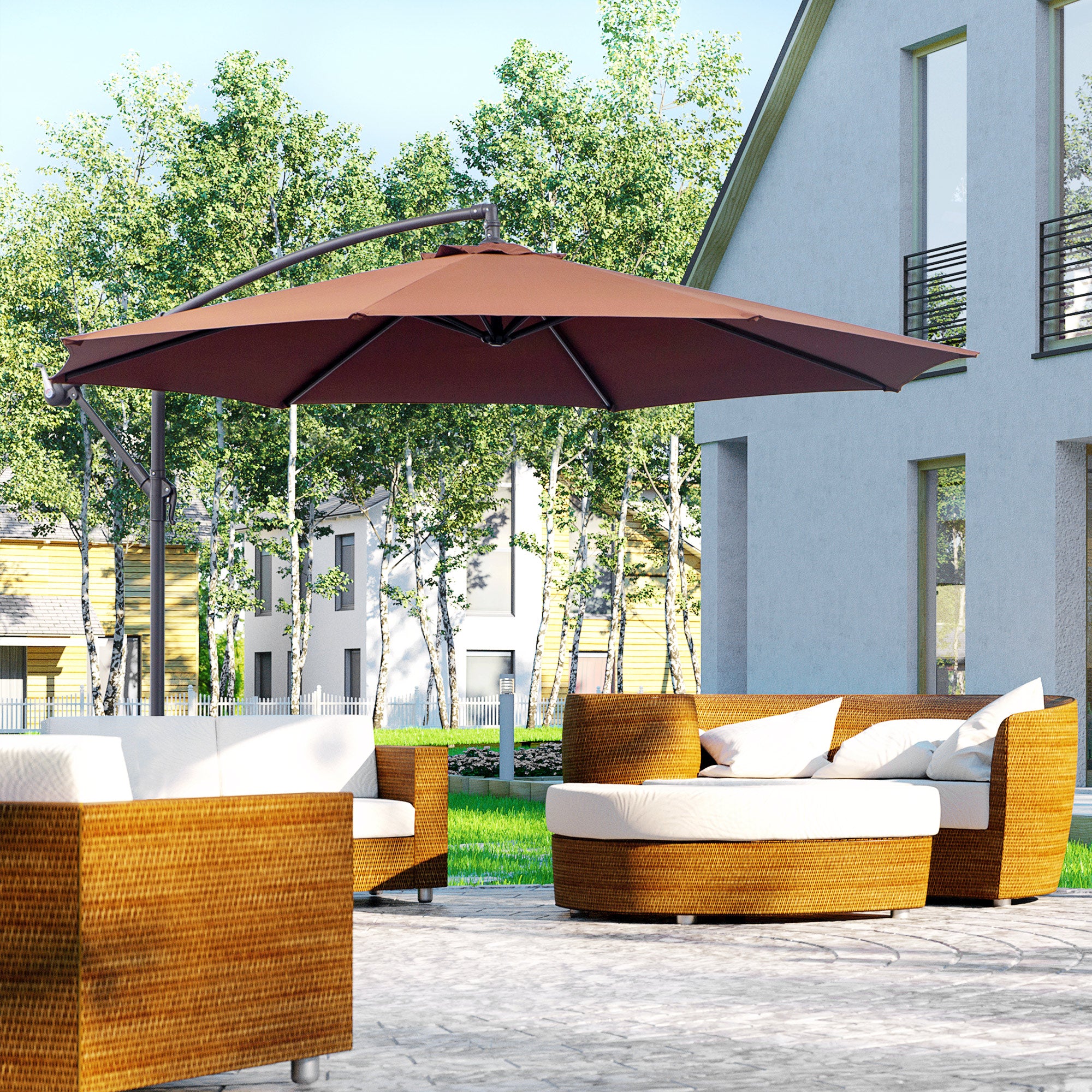 Outsunny Φ3m Hanging Umbrella Parasol-Coffee - North Peak Garden Furniture