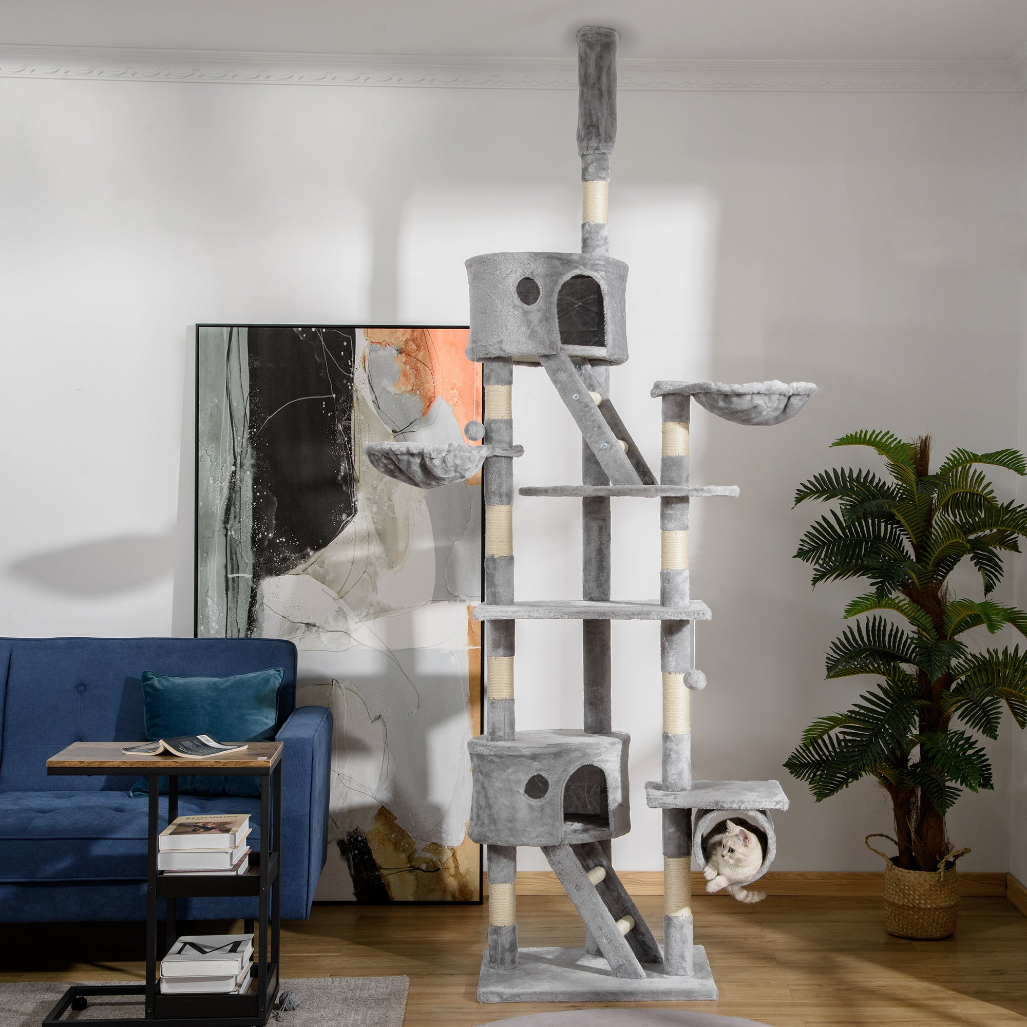 PawHut Floor to Ceiling Cat Tree for Indoor Cats, 240-260cm, Adjustable Height - Light Grey - North Peak Garden Furniture