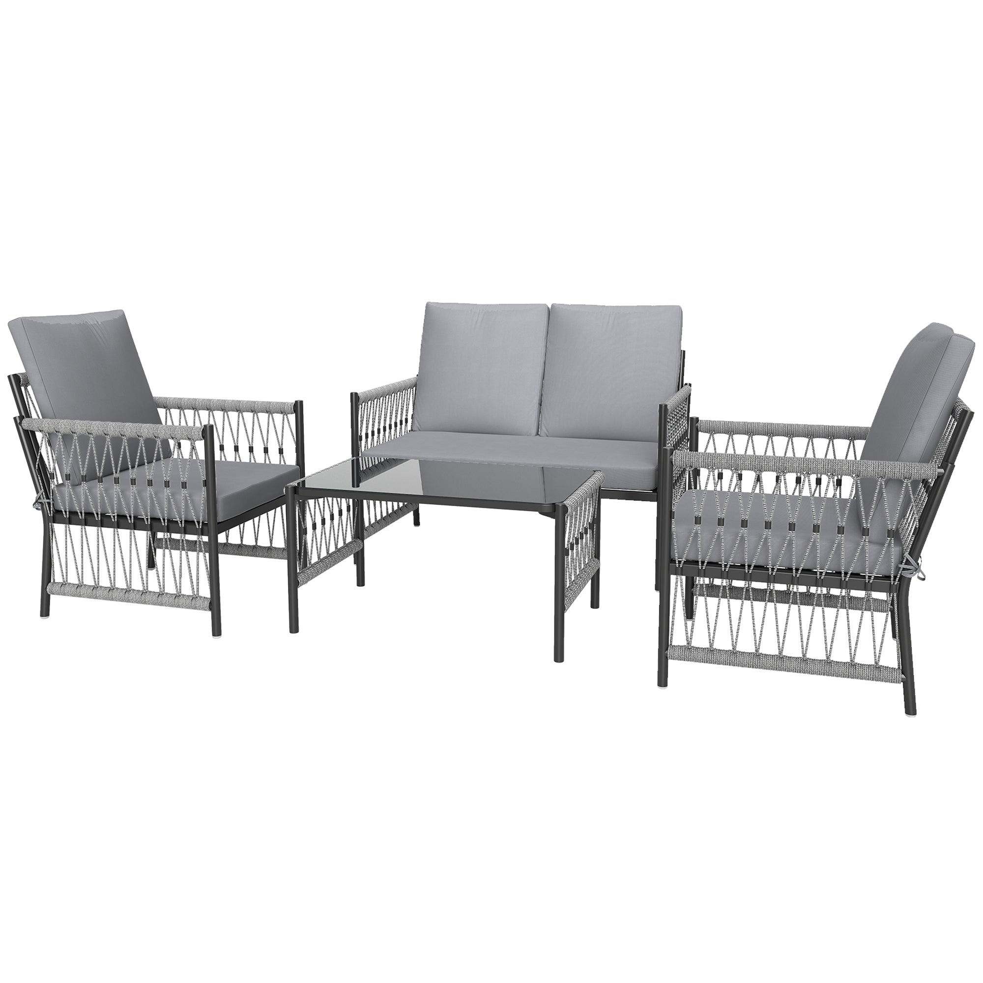 Outsunny 4 Piece Rattan Garden Furniture Set, 4 Seater Wicker Patio Conversation Set with 2 Armchairs, Loveseat, Glass Top Coffee Table and Cushions for Outdoor, Balcony, Grey - North Peak Garden Furniture