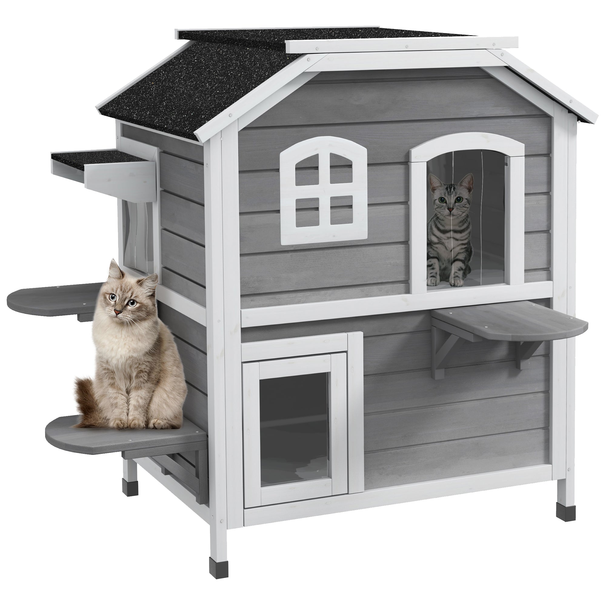 PawHut 2-story Cat House Outdoor, Weatherproof Wooden Cat Enclosure for Feral Cats with Escape Door, Openable Roof, Jumping Platforms, Grey - North Peak Garden Furniture