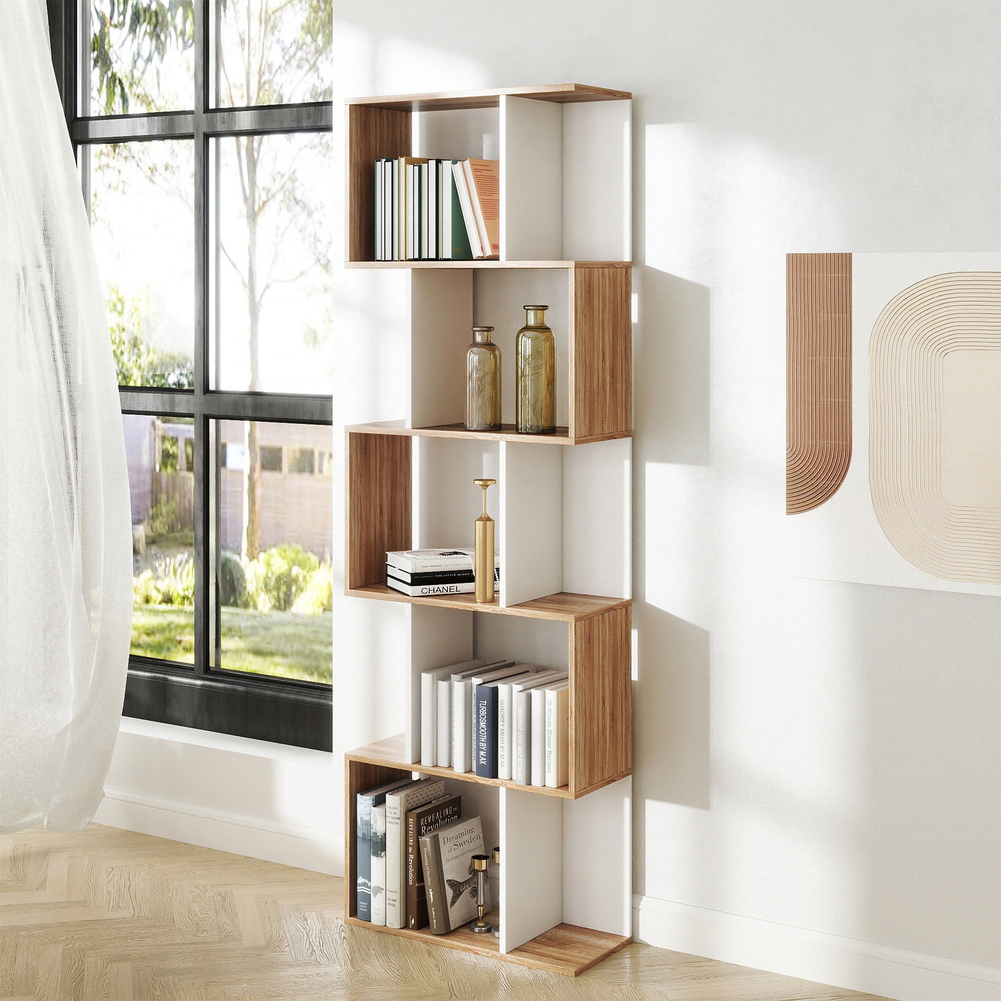 HOMCOM 5-tier Bookcase Storage Display Shelving S Shape design Unit Divider Natural