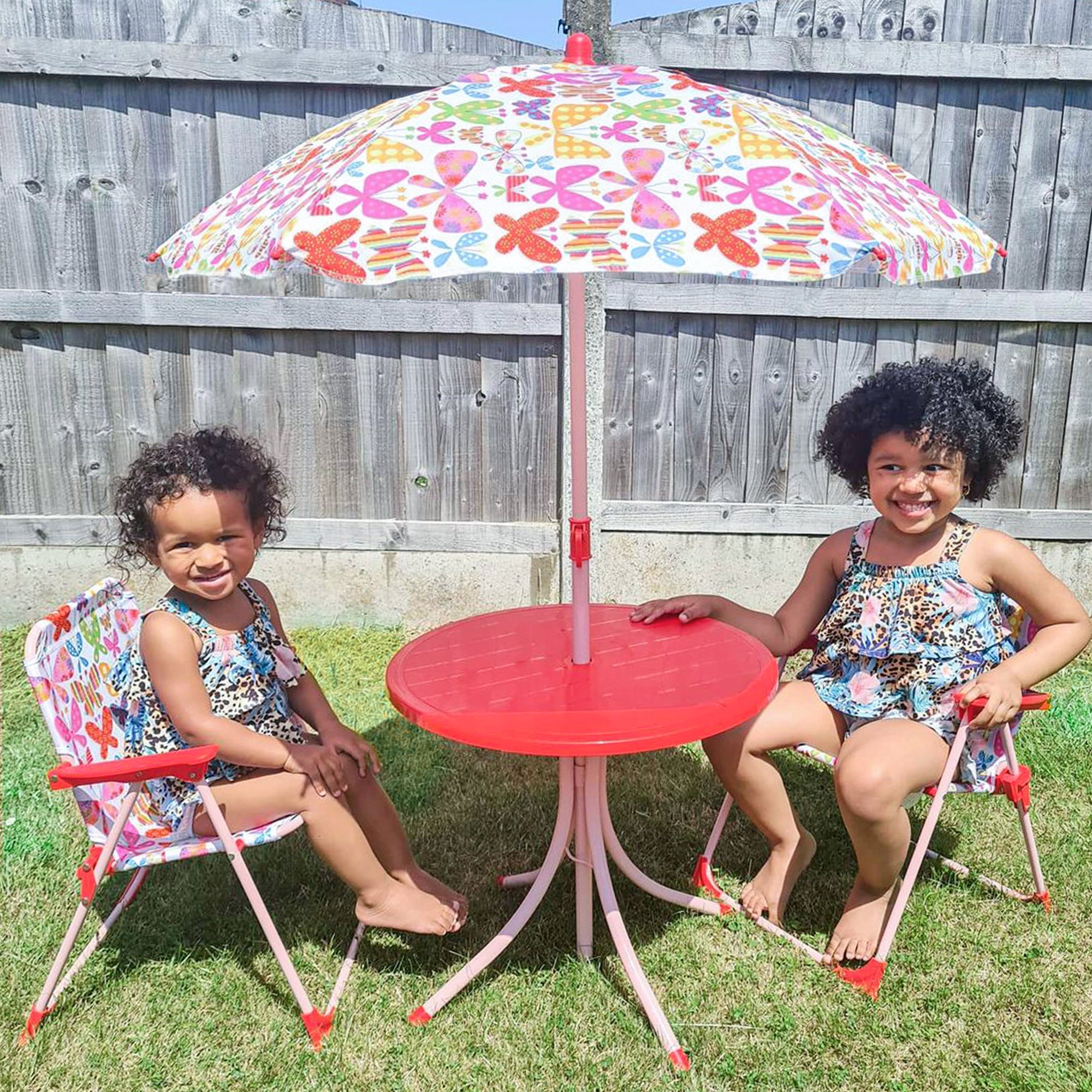 Outsunny Kids Outdoor Bistro Table and Chair Set Butterfly Pattern Garden Patio Backyard with Removable & Height Adjustable Parasol - North Peak Garden Furniture
