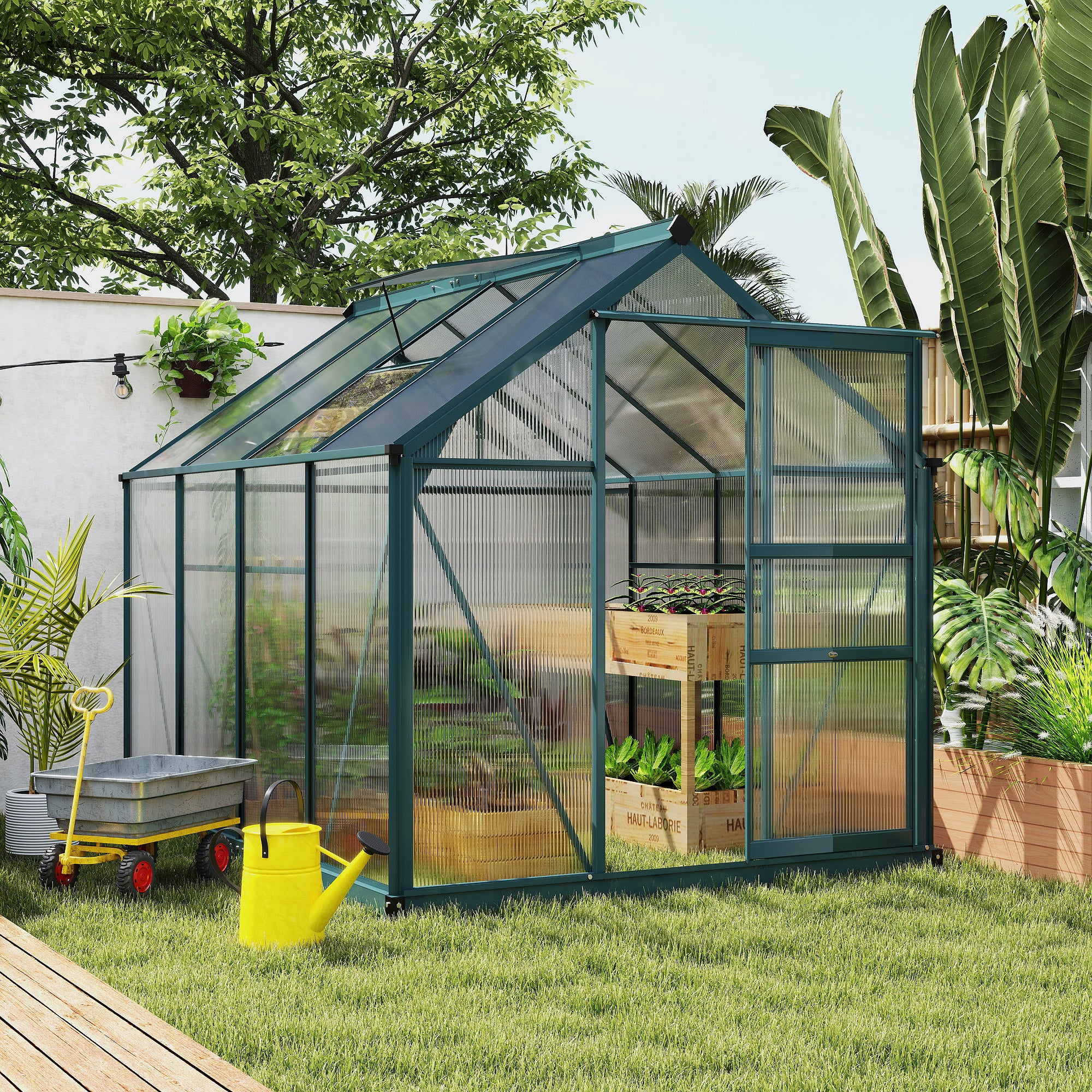 Outsunny 6 x 8ft Polycarbonate Greenhouse, Large Walk-In Green House with Slide Door and Window, Garden Plants Grow House with Aluminium Frame and Foundation, Dark Green - North Peak Garden Furniture