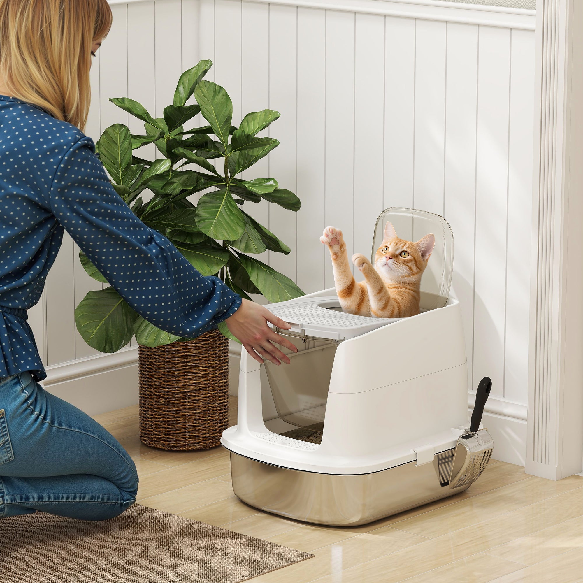PawHut Large Stainless Steel Litter Box, Enclosed Metal Cat Litter Tray with Scoop, Deodoriser Bag, Front-Entry and Top-Exit