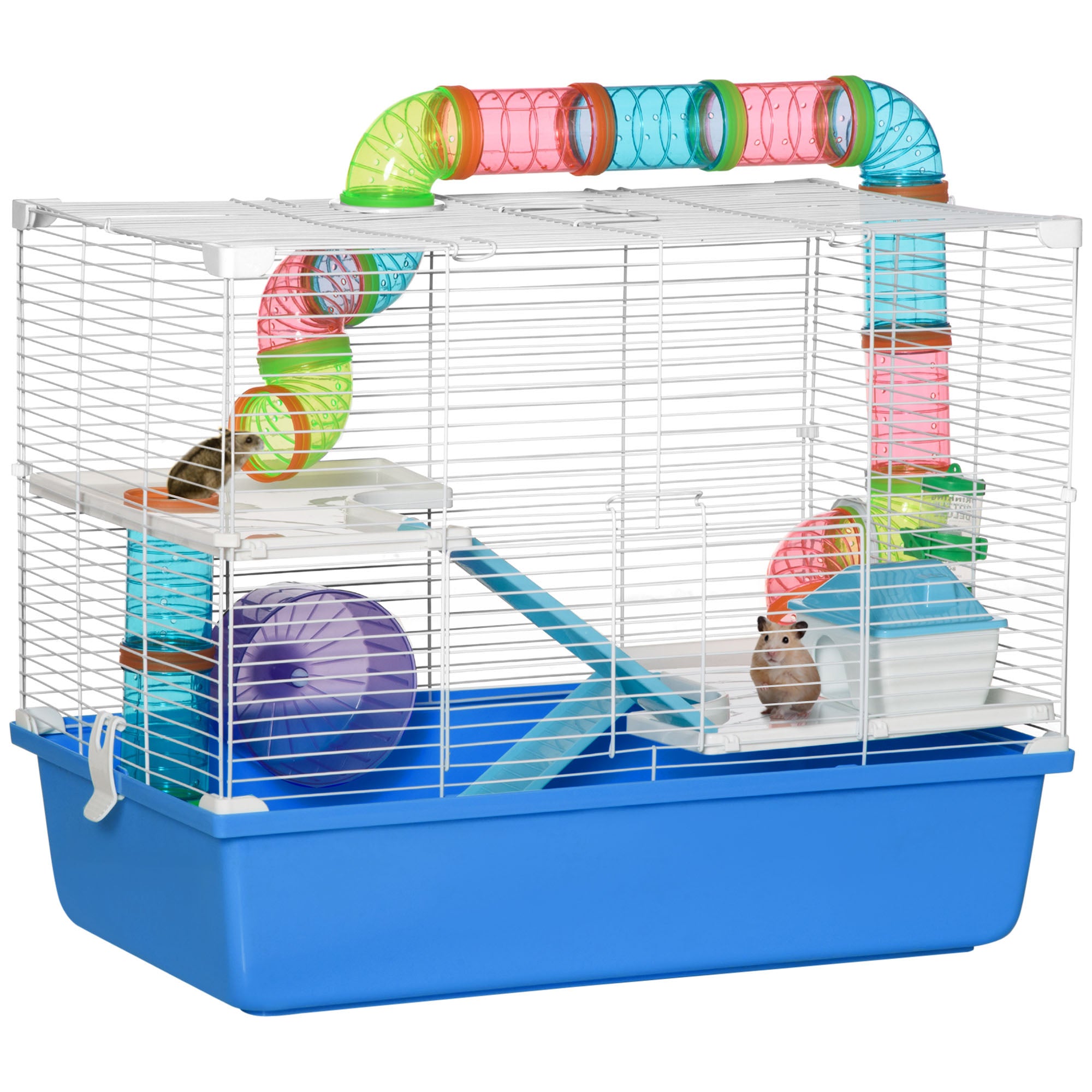 PawHut Hamster Cage with Tubes Tunnel 3 Level Rodent House with Exercise Wheel, Water Bottle, Food Dish, Ramp, Hut 59 x 36 x 47 cm- Blue - North Peak Garden Furniture