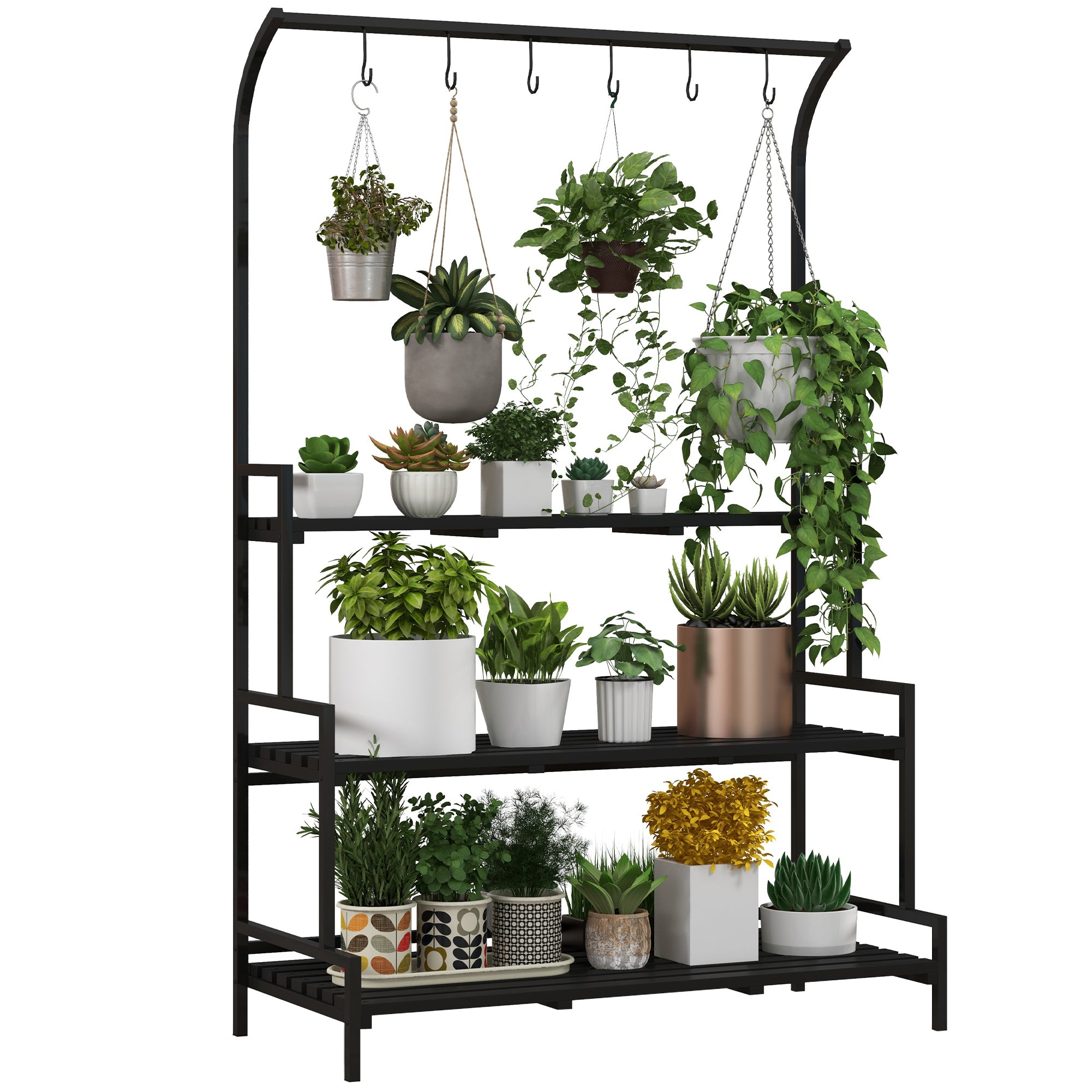 Outsunny 3 Tiered Plant Rack with Hanging Hooks, Tall Plant Stand for Indoor Outdoor Porch Balcony Use, Black - North Peak Garden Furniture