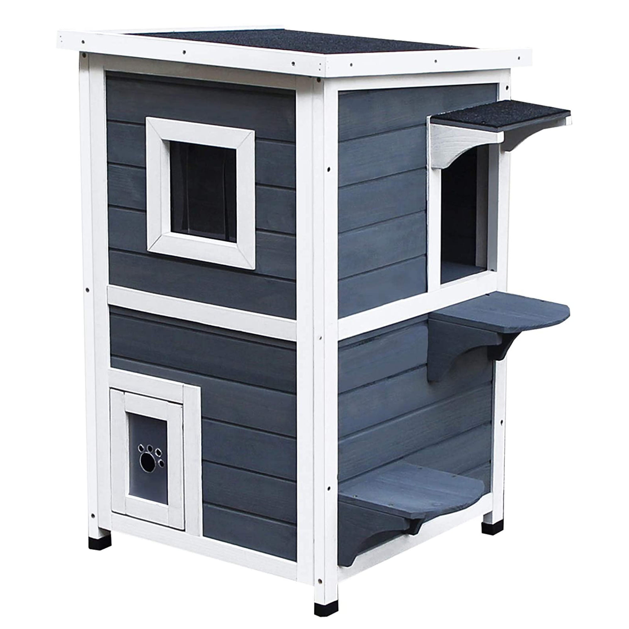 PawHut Wooden Cat House 2-Floor Outdoor Kitten Shelter with Window Grey - North Peak Garden Furniture