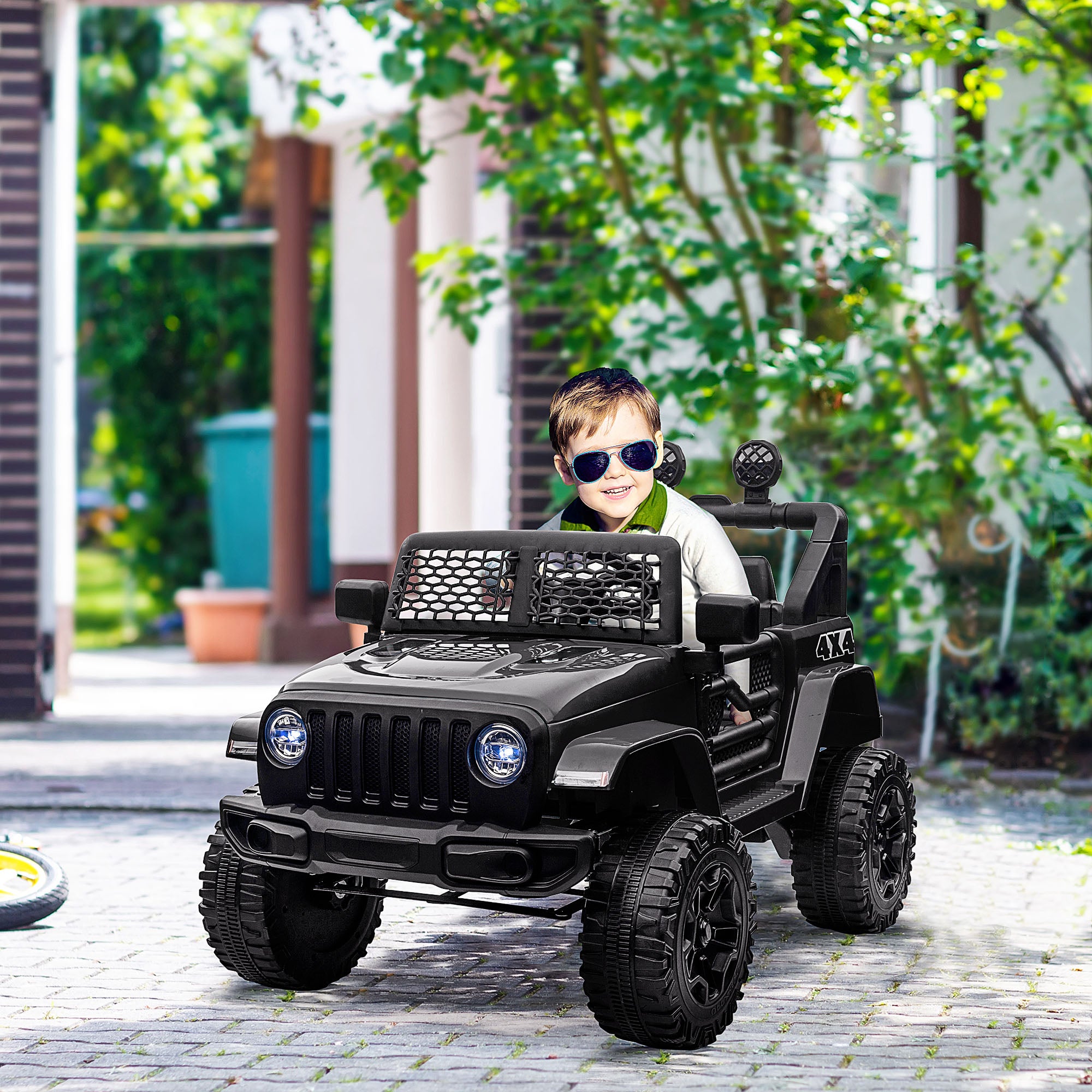 HOMCOM Kids Electric Ride On Car 12V Off Road Toy with Parental Remote Control 2 Motors Horn Lights Suspension Wheels for 3-6 Years Old Black - North Peak Garden Furniture