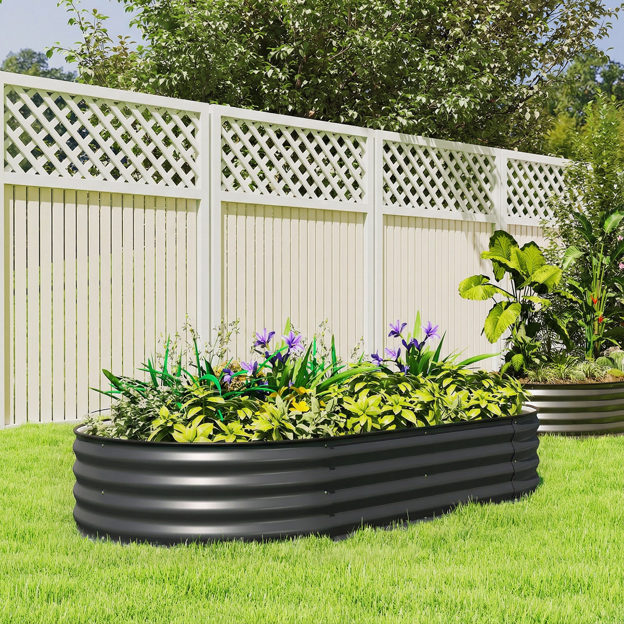 Outsunny Galvanised Raised Garden Bed, Metal Planter Box with Safety Edging, for Flowers, Herbs, Succulents, Dark Grey