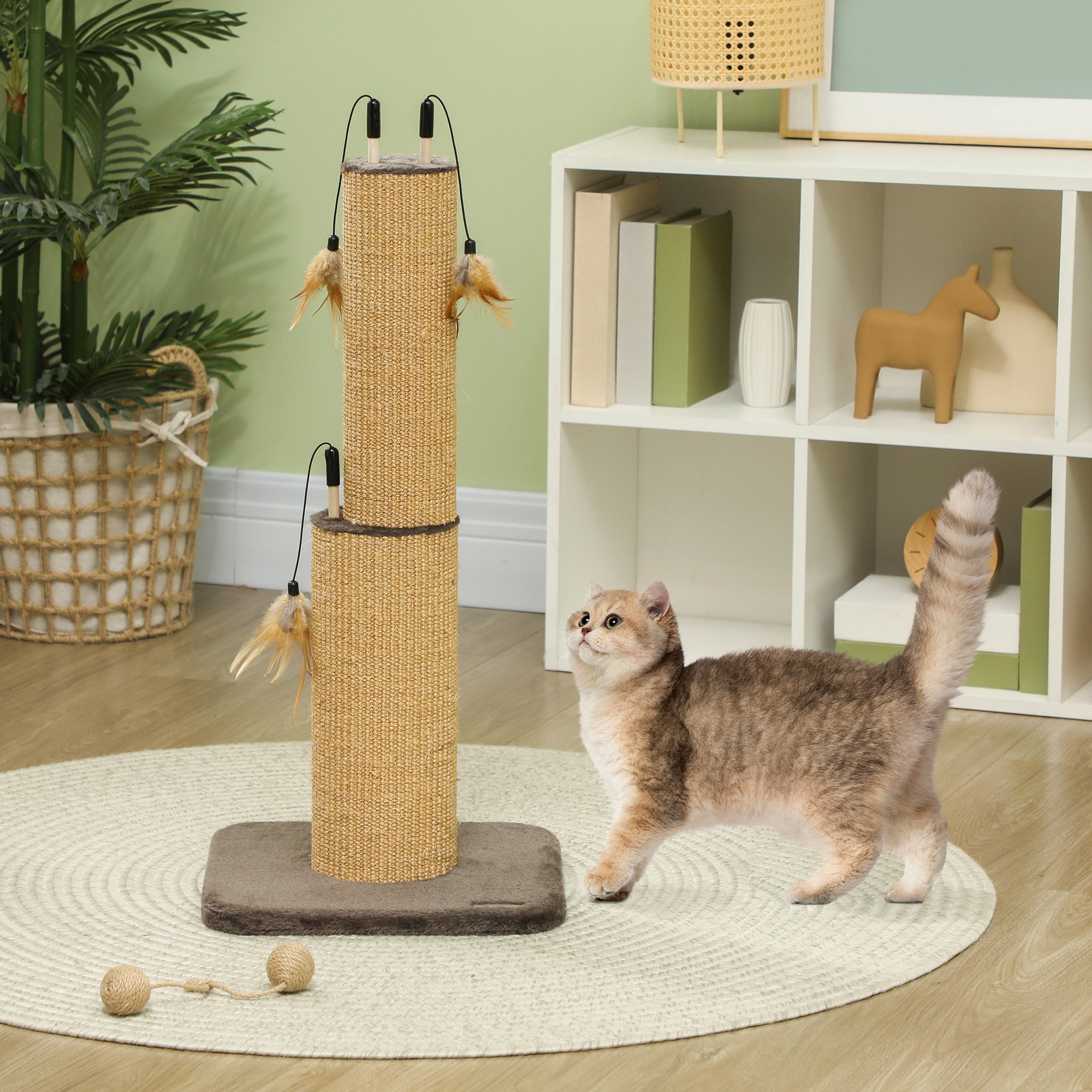 PawHut 78cm Tall 2 in 1 Cat Scratching Post with 3 Toy Feathers, Brown - North Peak Garden Furniture