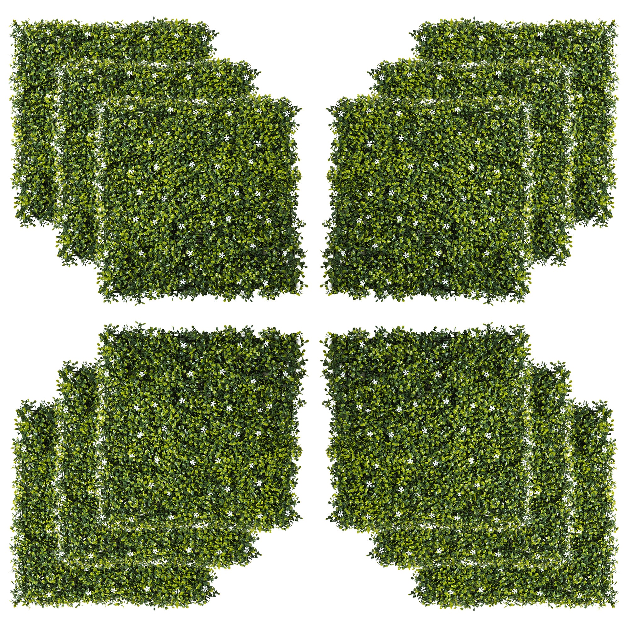 Outsunny 12PCS Artificial Boxwood Wall Panels 50cm x 50cm Grass Privacy Fence Screen Faux Hedge Greenery Backdrop Encrypted Milan Grass with White Flowers for Home Garden Backyard Balcony - North Peak Garden Furniture