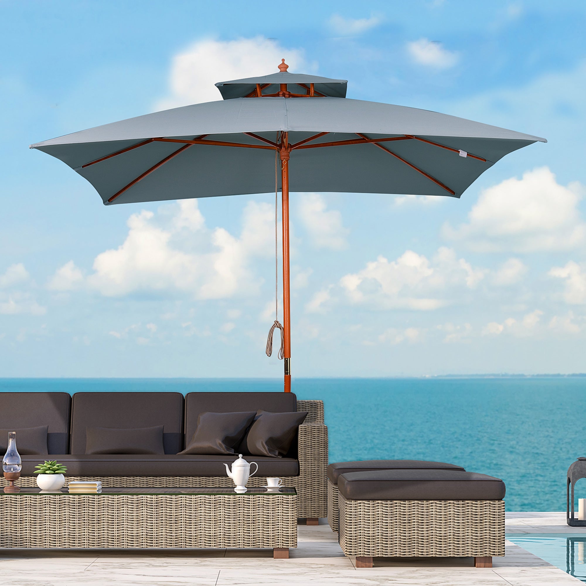 Outsunny 3 x 3 metre Patio Parasol Garden Umbrellas Sunshade Outdoor Wooden Parasol Canopy Double Tier, Dark Grey, BASE NOT INCLUDED - North Peak Garden Furniture