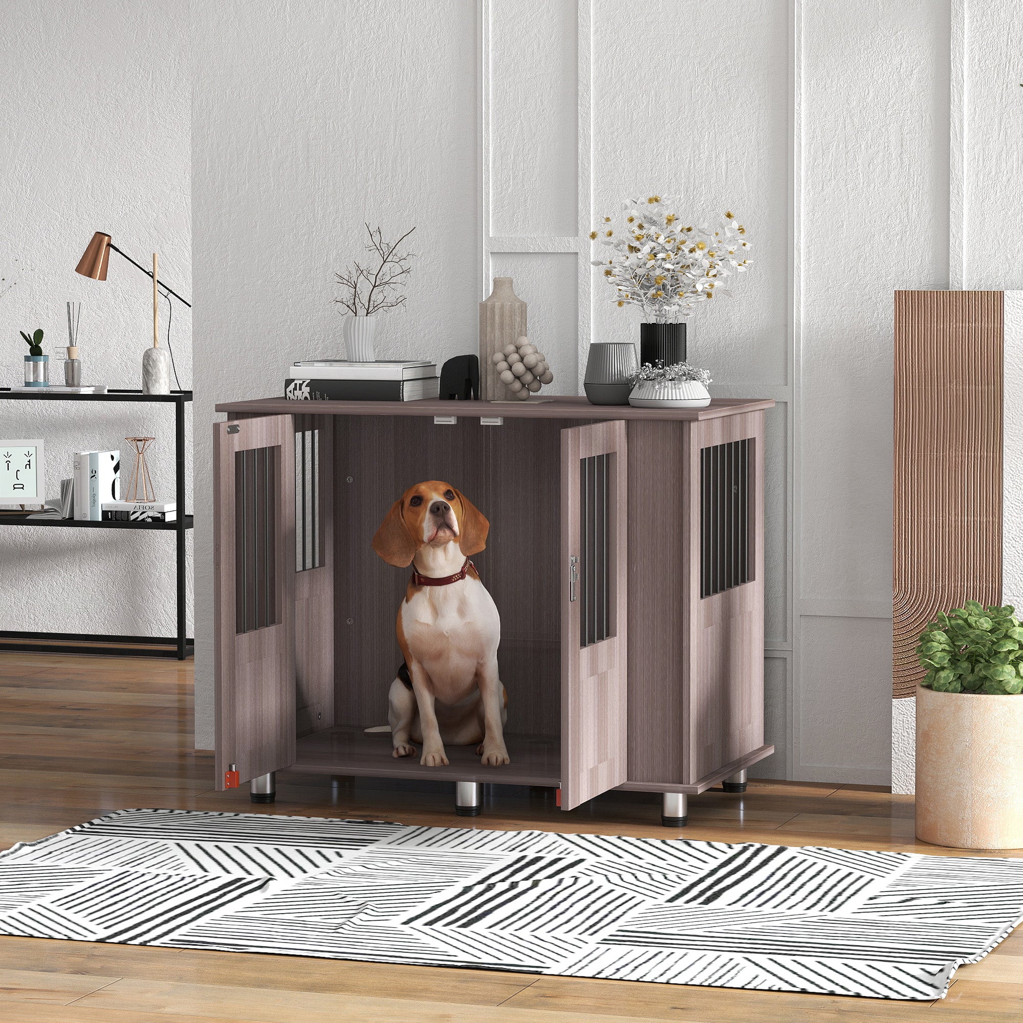 PawHut Dog Crate Table for Medium and Large Dogs with Magnetic Door for Indoor Use, 95 x 55 x 75 cm, Purple - North Peak Garden Furniture