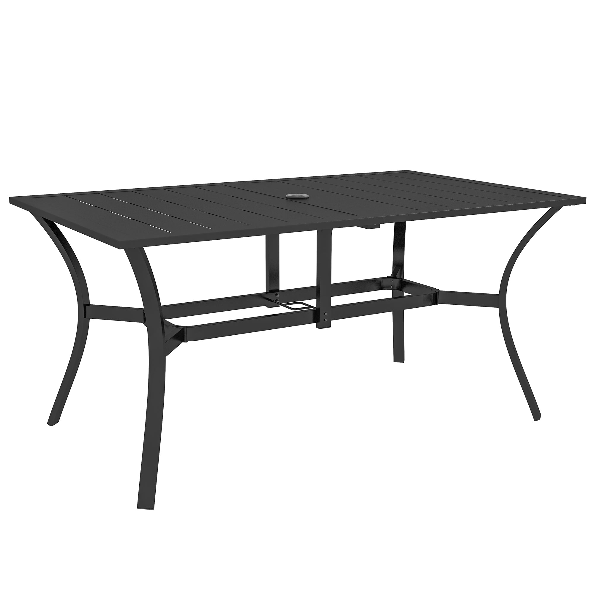 Outsunny Rectangle Garden Dining Table with Parasol Hole, Patio Table with Steel Frame and Slat Tabletop, 150cm x 90cm, Black - North Peak Garden Furniture