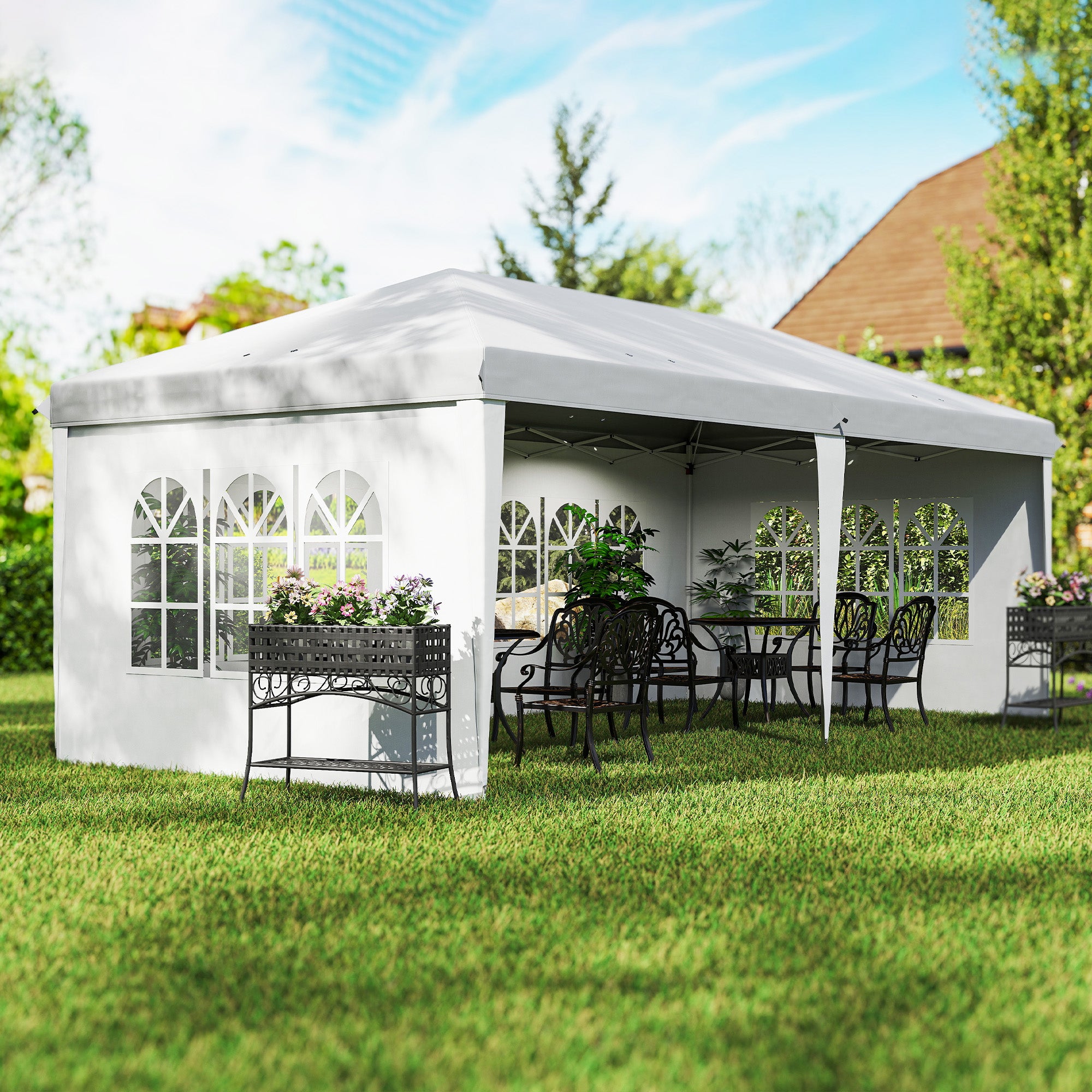 Outsunny 3 x 6m Pop Up Gazebo, Height Adjustable Marquee Party Tent with Sidewalls and Storage Bag, White - North Peak Garden Furniture