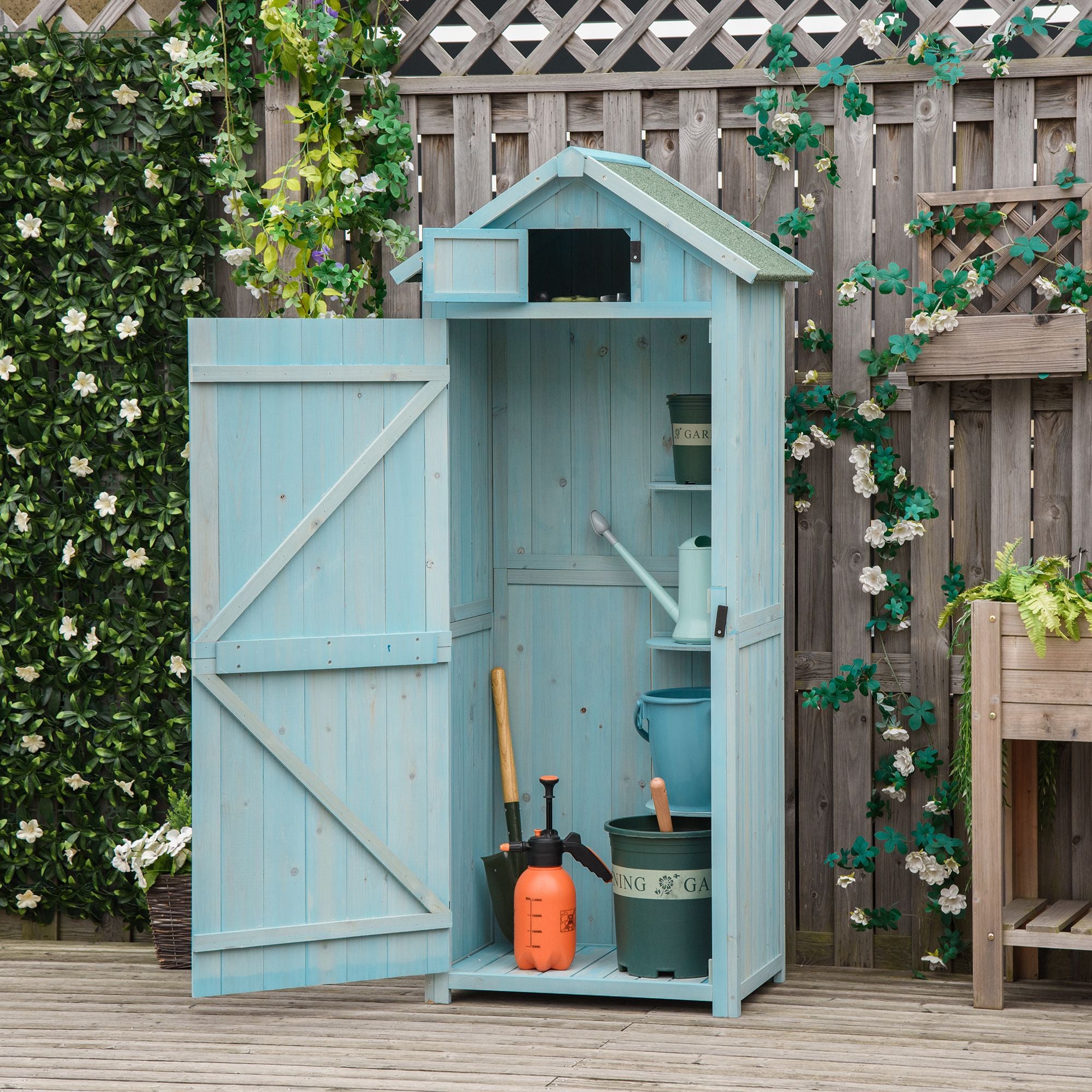Outsunny Garden Shed Vertical Utility 3 Shelves Shed Wood Outdoor Garden Tool Storage Unit Storage Cabinet, 77 x 54.2 x 179cm - Blue - North Peak Garden Furniture