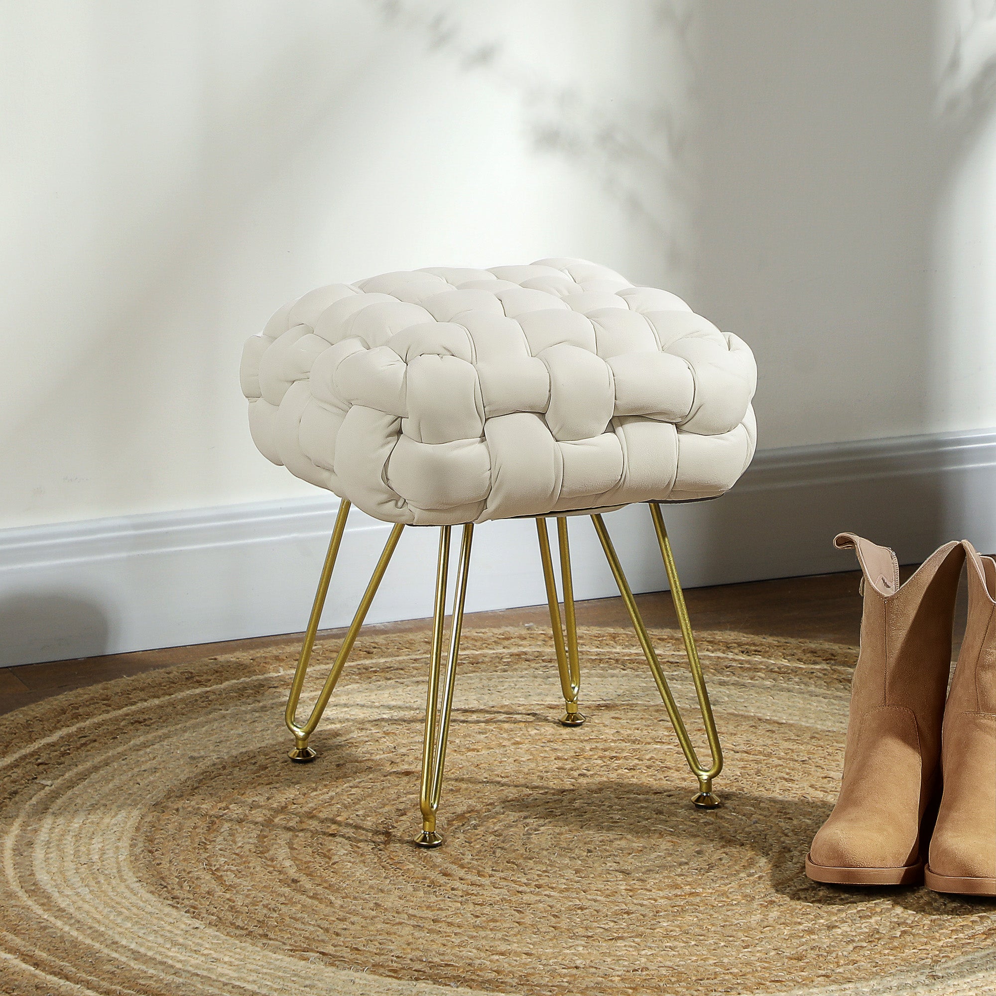 HOMCOM Velvet-Feel Bold Woven Footstool - Cream White - North Peak Garden Furniture