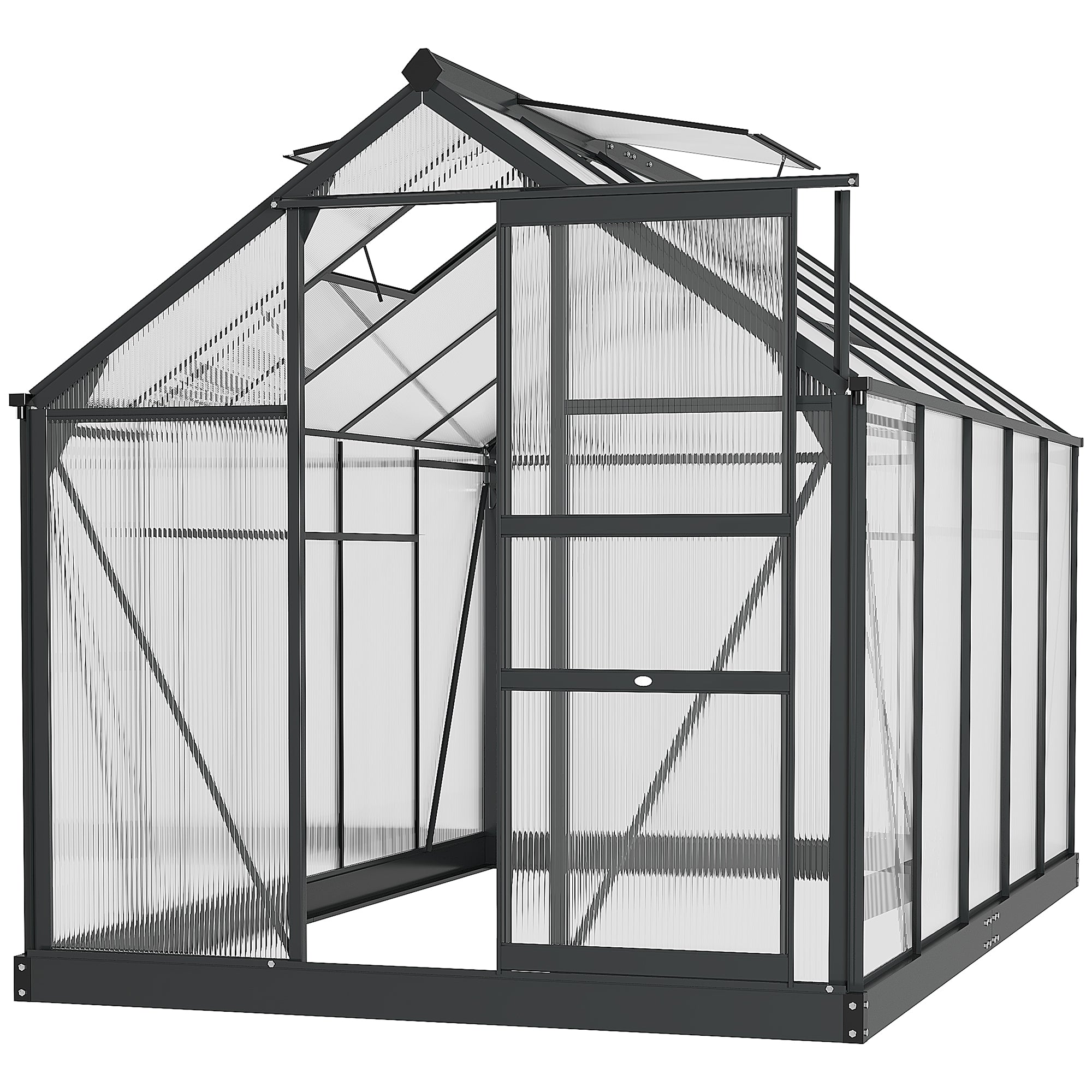 Outsunny 6 x 10ft Polycarbonate Greenhouse, Large Walk-In Green House with Slide Door and Window, Garden Plants Grow House with Aluminium Frame and Foundation, Grey - North Peak Garden Furniture
