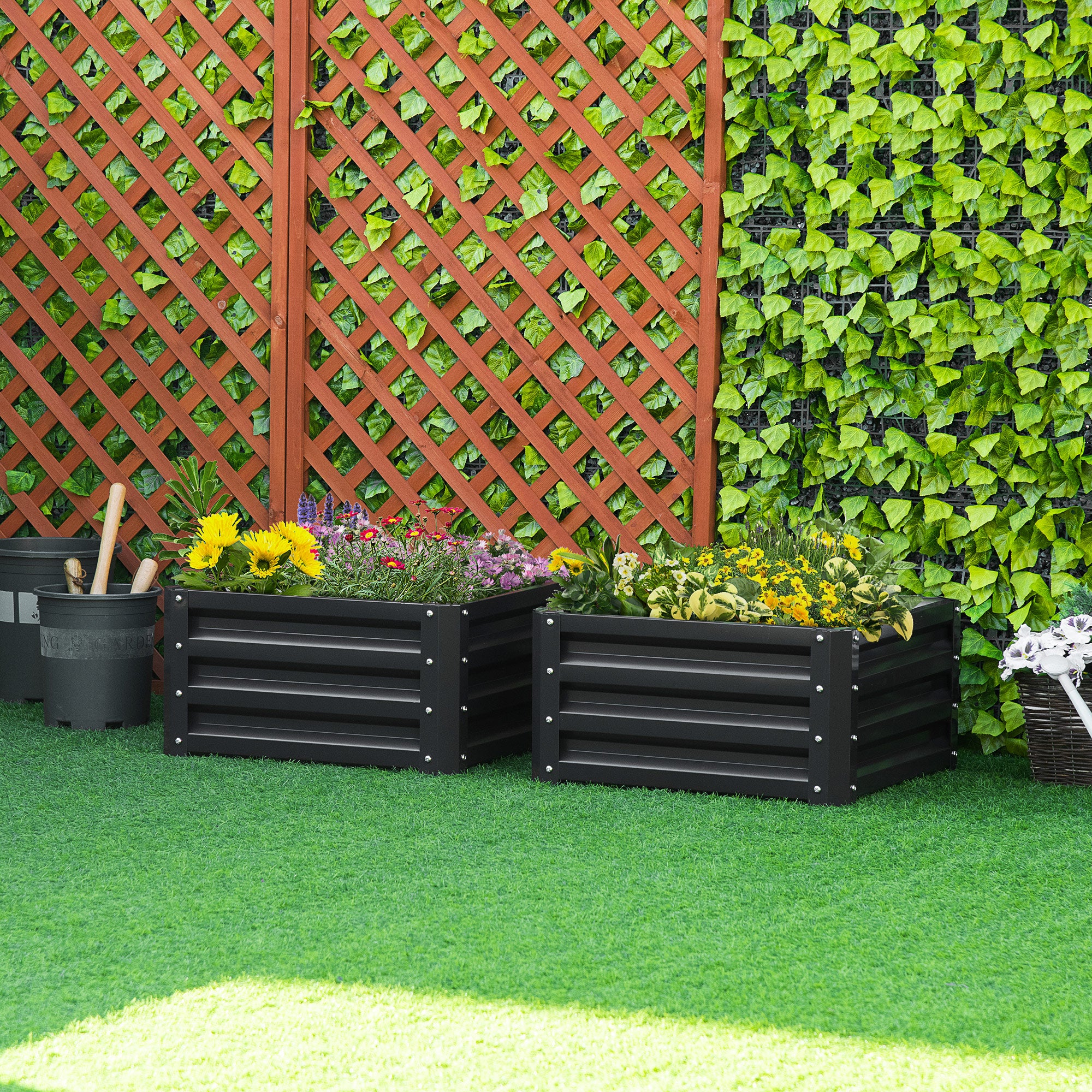 Outsunny Set of 2 Raised Garden Bed, Outdoor Elevated Galvanised Planter Box for Flowers, Herbs, 60x60x30.5cm, Grey - North Peak Garden Furniture