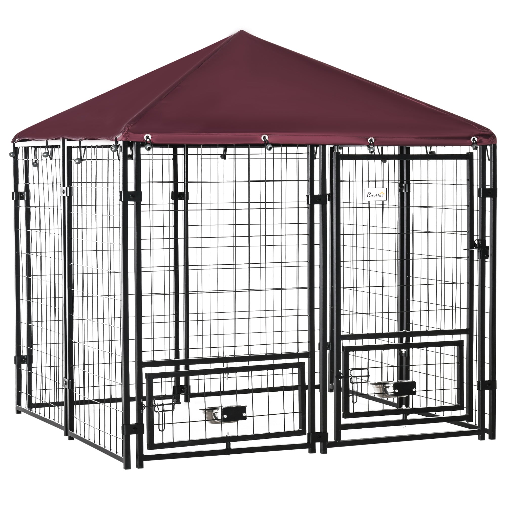 PawHut Outdoor Dog Kennel with Rotating Bowl Holders, Water and UV-Resistant Cover for Medium & Small Dogs, Red - North Peak Garden Furniture