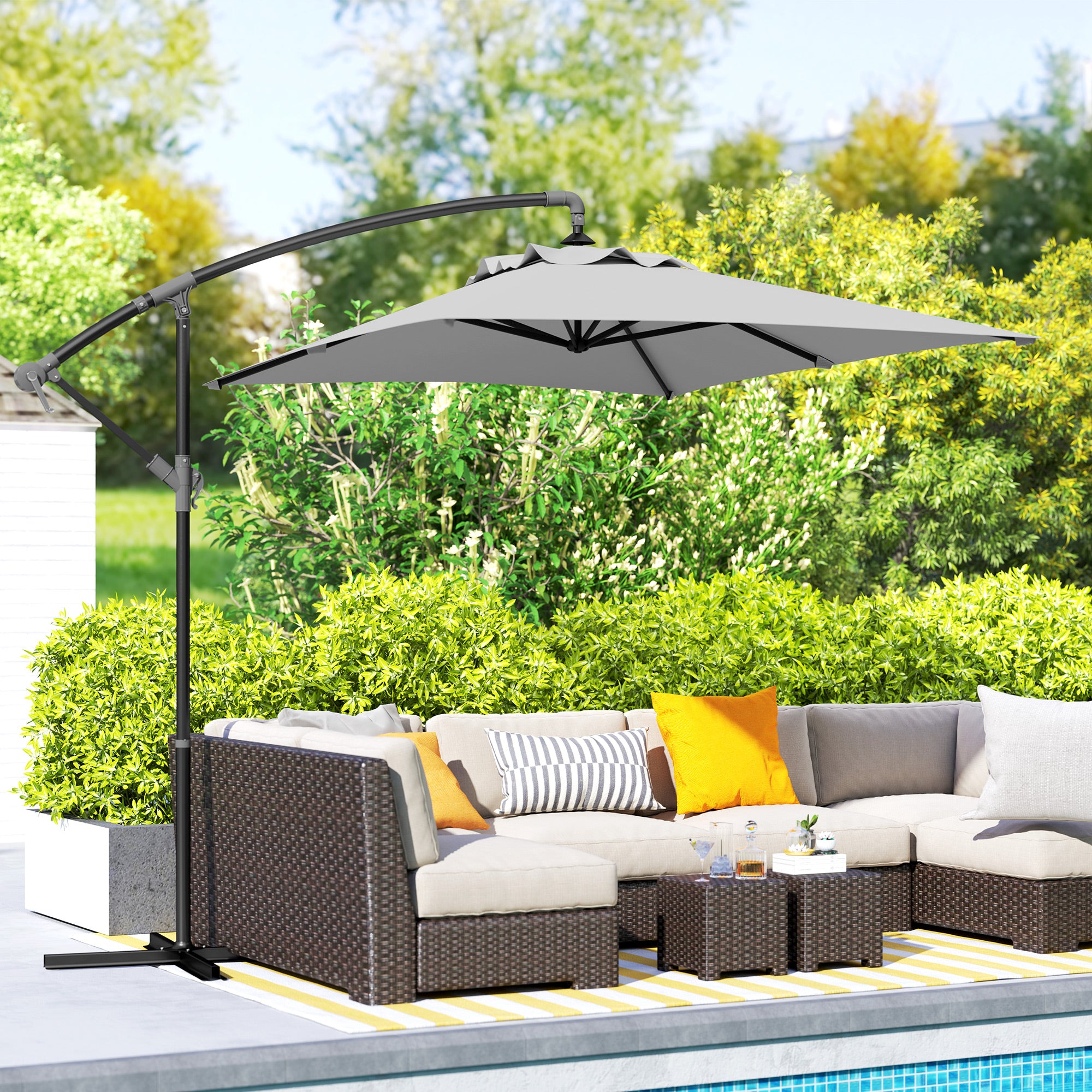 Outsunny 3(m) Cantilever Overhanging Parasol, with Cross Base - Light Grey - North Peak Garden Furniture