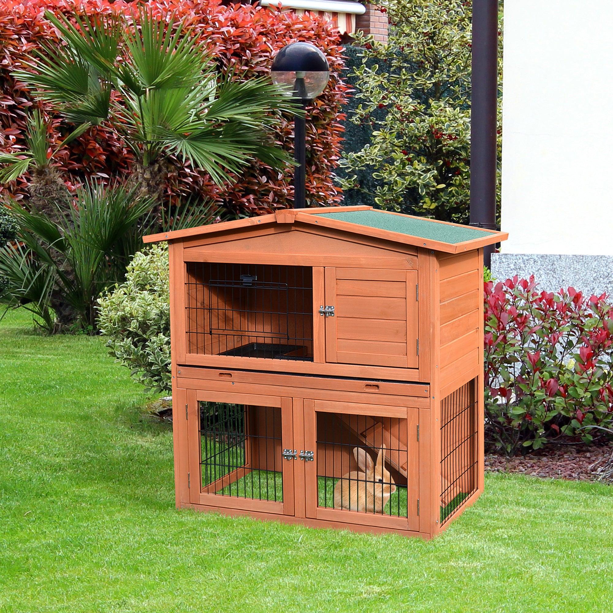 PawHut Rabbit Hutch Outdoor Guinea Pig Hutch 2-Tier Bunny Cage with No-Leak Tray 100.5 x 55 x 101 cm - North Peak Garden Furniture