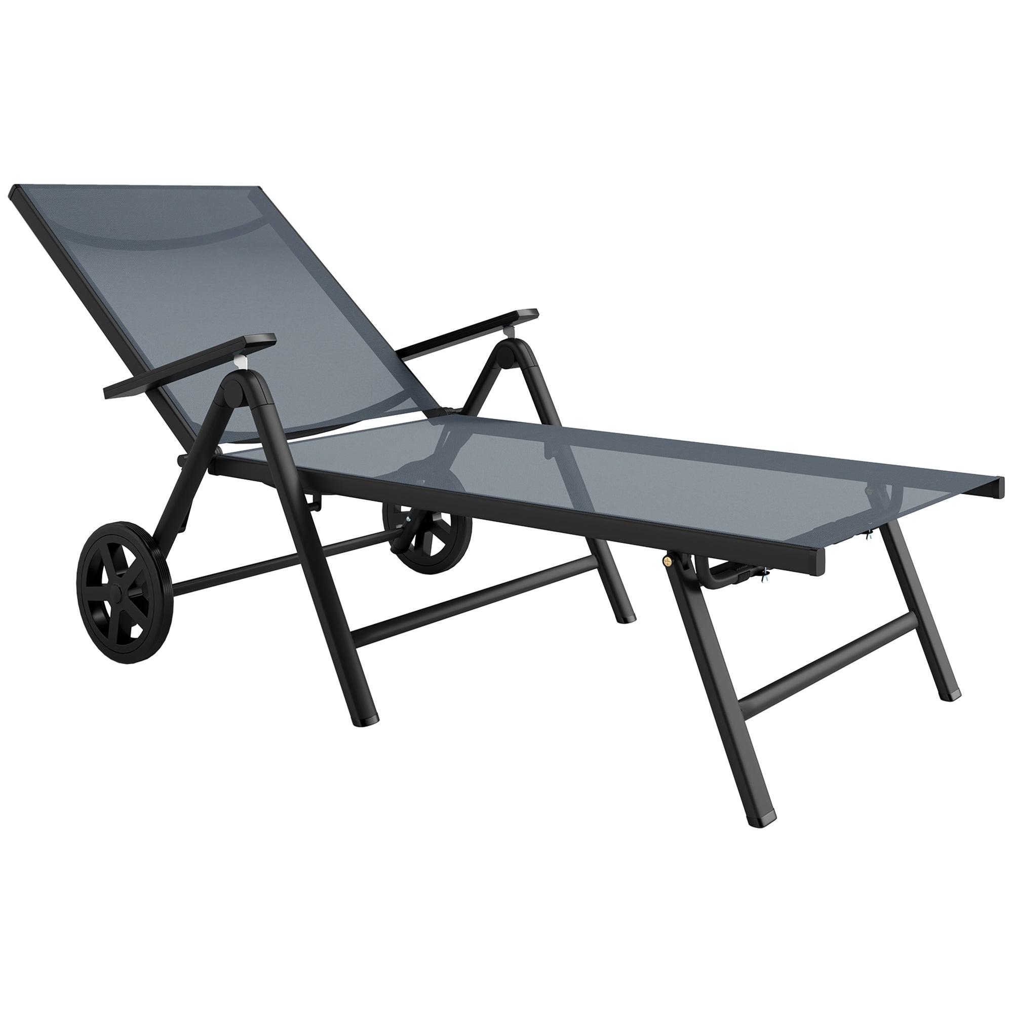 Outsunny Folding Sun Lounger with Wheels, 5-Position Adjustable Garden Chaise Lounge Sunbed with Armrests, Metal Frame Outdoor Portable Reclining Chair for Beach, Porch, Grey - North Peak Garden Furniture