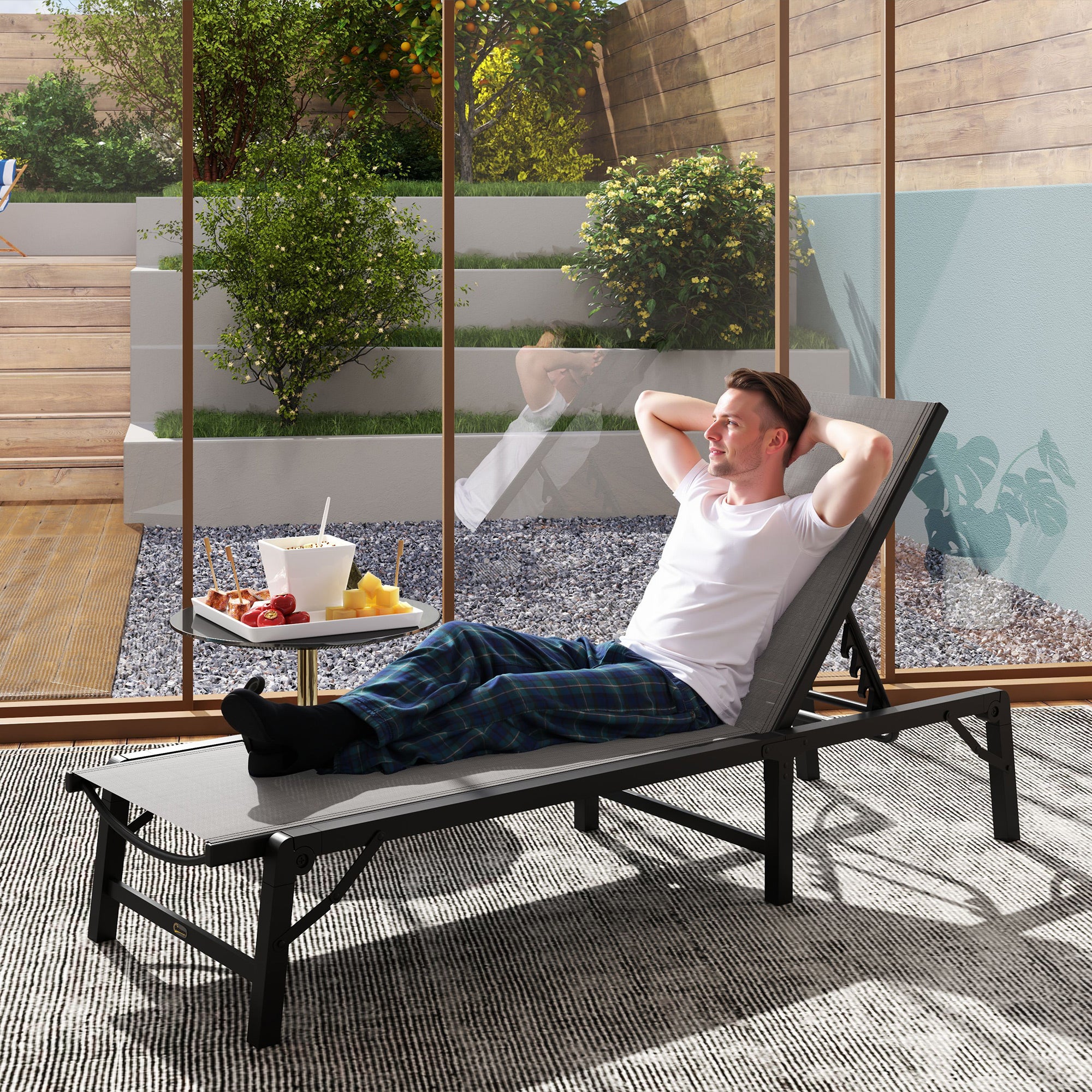 Outsunny Folding Sun Lounger, 5-Position Adjustable Garden Chaise Lounge Sunbed, Steel Frame Reclining Chair for Beach, Porch, Patio, Camping, Light Grey - North Peak Garden Furniture