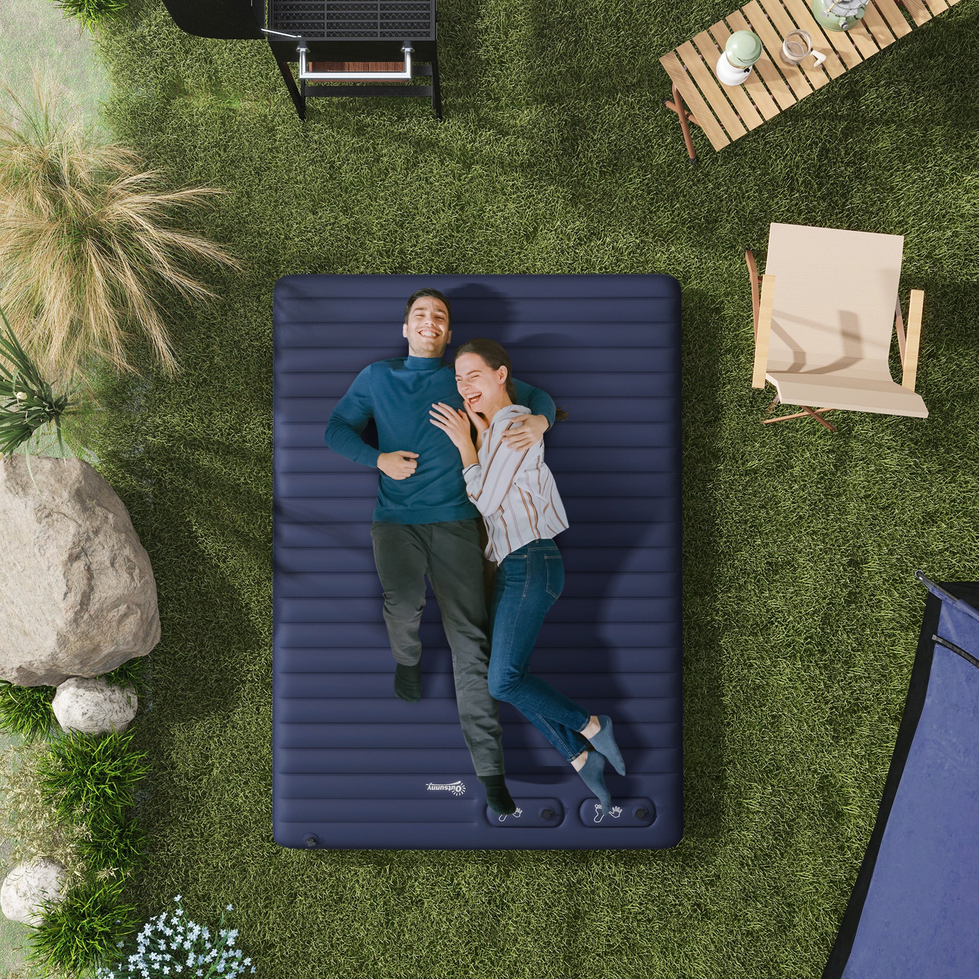 Outsunny Double Inflatable Mattress, with Built-In Pump - Blue - North Peak Garden Furniture