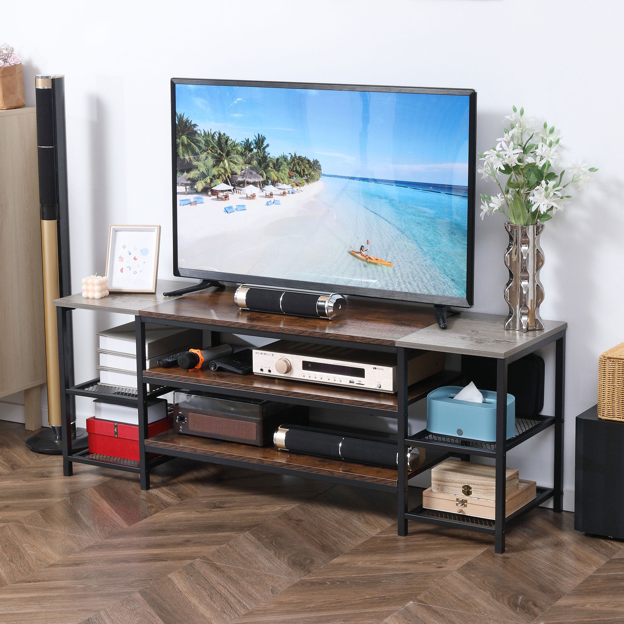 HOMCOM TV Unit Cabinet for TVs up to 60 Inches, Industrial TV Stand with Storage Shelves for Living Room, Brown and Grey - North Peak Garden Furniture