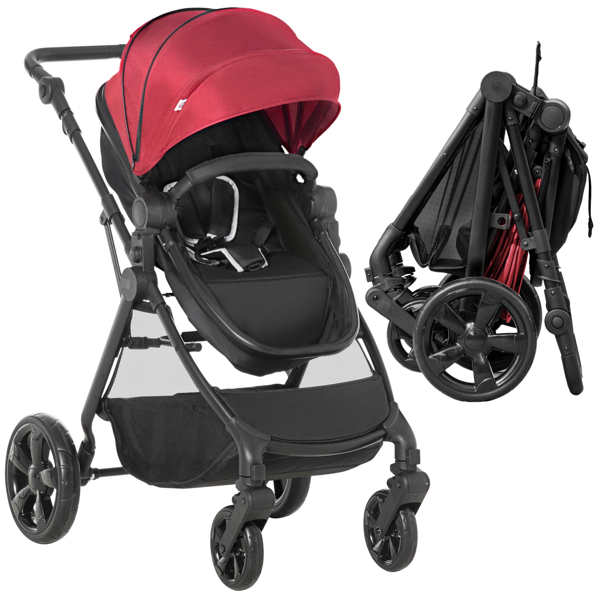 HOMCOM Foldable Baby Stoller, with Reclining Backrest, Adjustable Canopy, for Ages 0-36 Months - Red - North Peak Garden Furniture