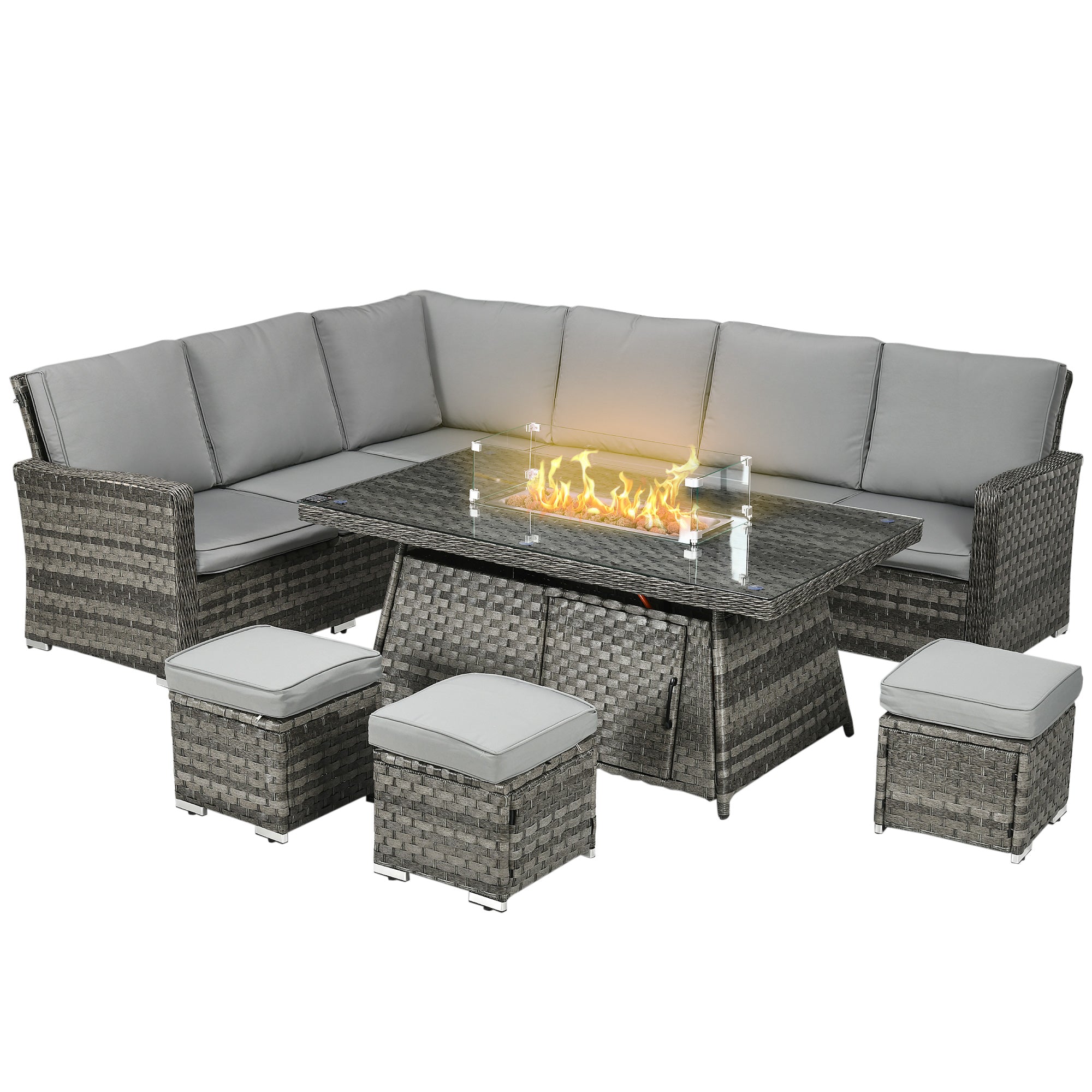 Outsunny 7 Pieces PE Rattan Garden Furniture Set, 50,000 BTU Gas Fire Pit Table, Double Corner Sofa and 3 Footstools, 6 Seater Furniture Sofa Sets with Cushions for Conservatory, Grey - North Peak Garden Furniture