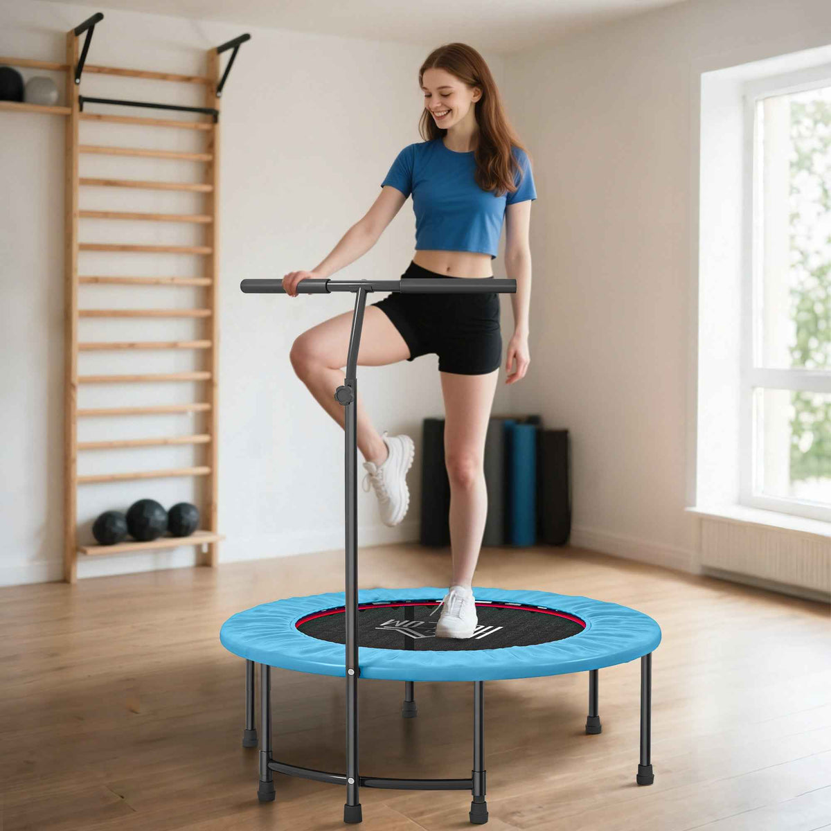 HOMCOM 40'' Fitness Trampoline with Adjustable Handle, Rebounder Trampoline Mini Jumper for Indoor Exercise Workout, Support Up to 100kg, Blue