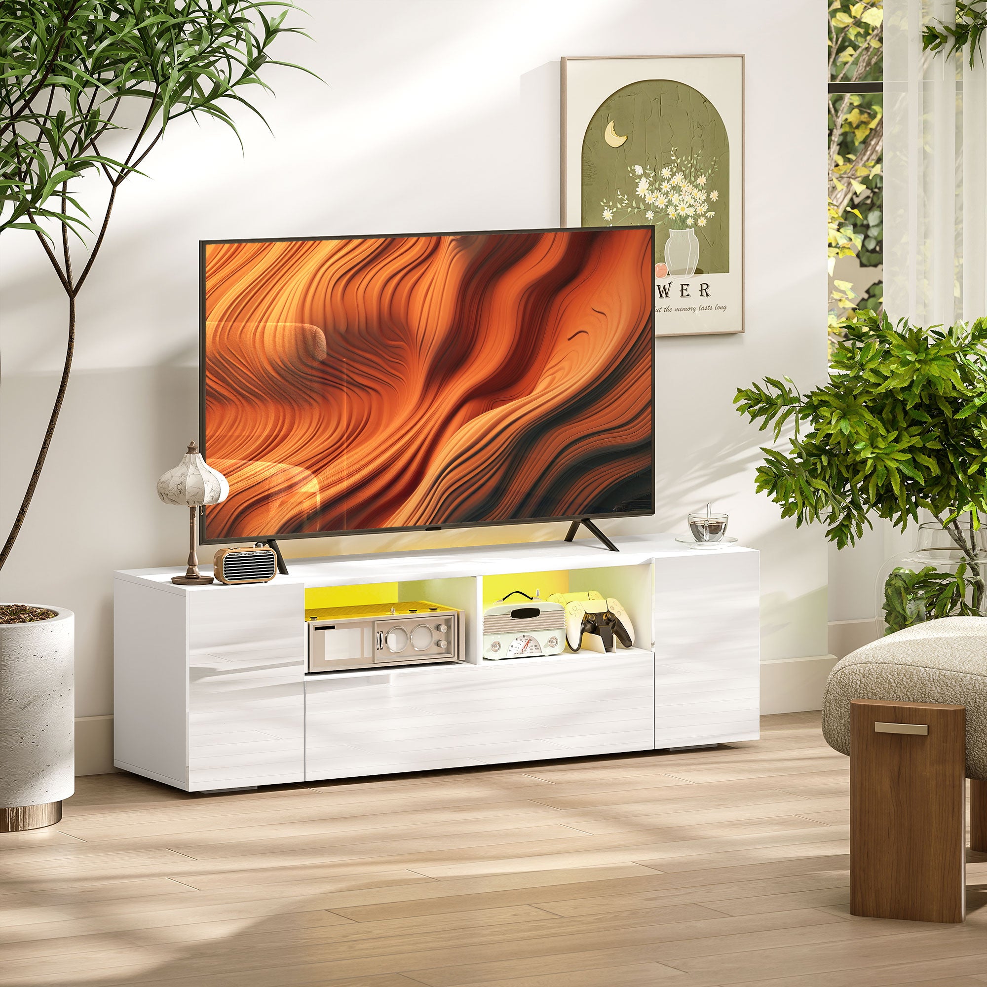 HOMCOM 16 LED Light TV Stand, with Storage - High Gloss White - North Peak Garden Furniture
