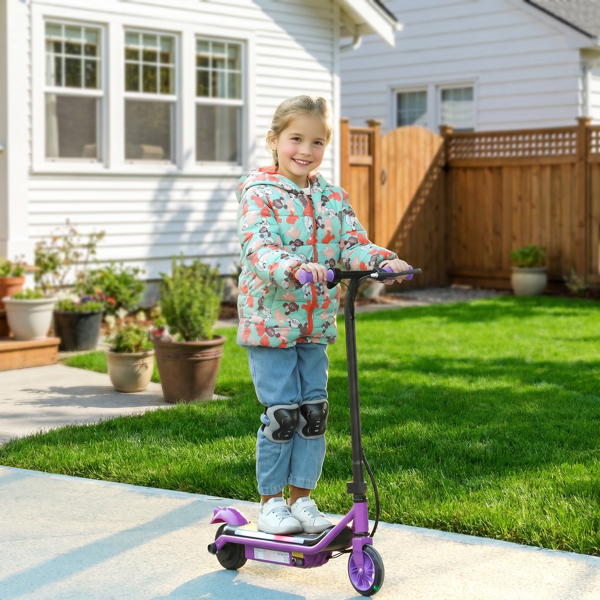 AIYAPLAY Electric Scooter for Kids Ages 6-14, with Dual Brakes, Flash Wheel and Colourful Light, Kids Electric Scooter E Scooter, Up to 12 KM/H & 10 KM, Purple