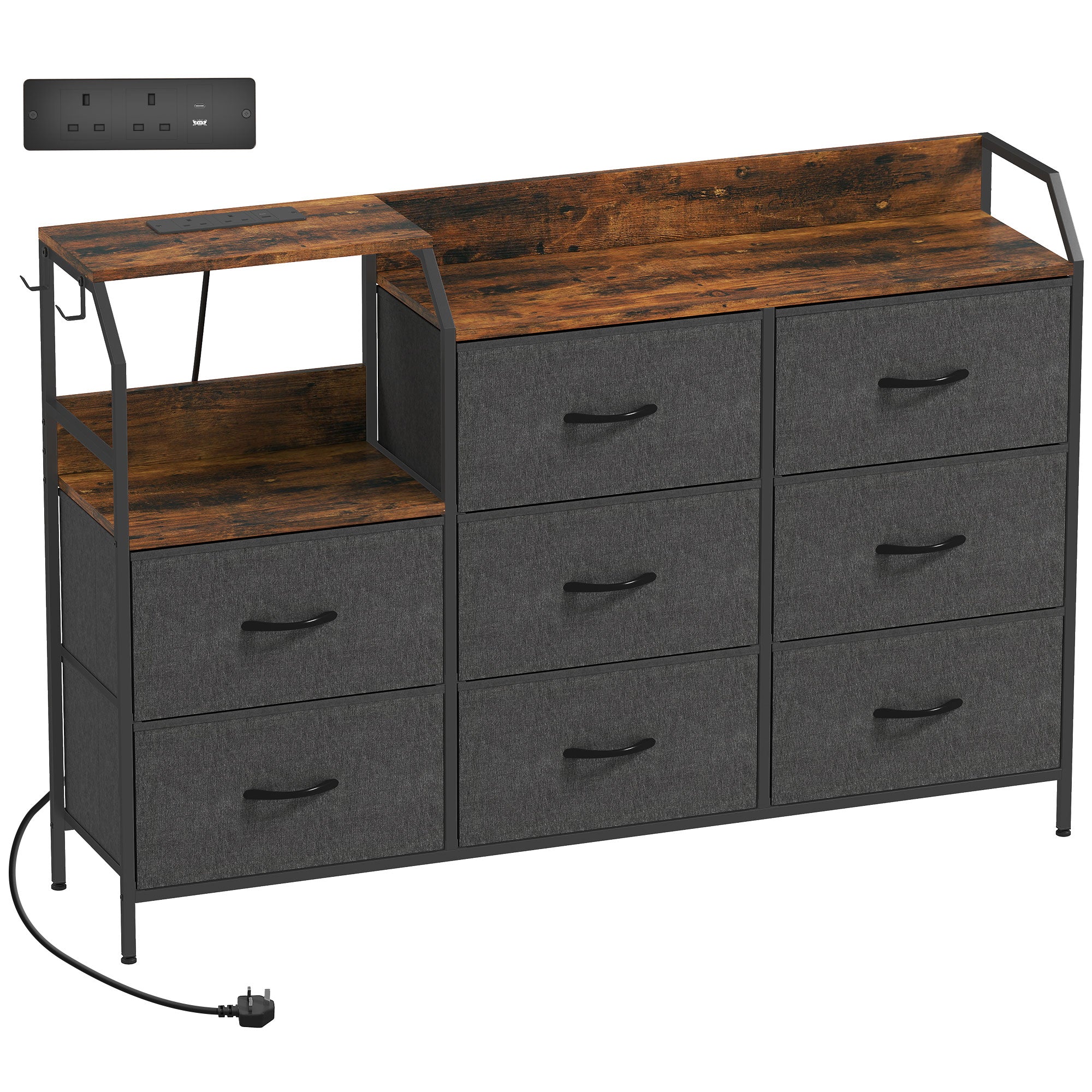 HOMCOM Chest of Eight Drawers, with Charging Station - Brown/Black