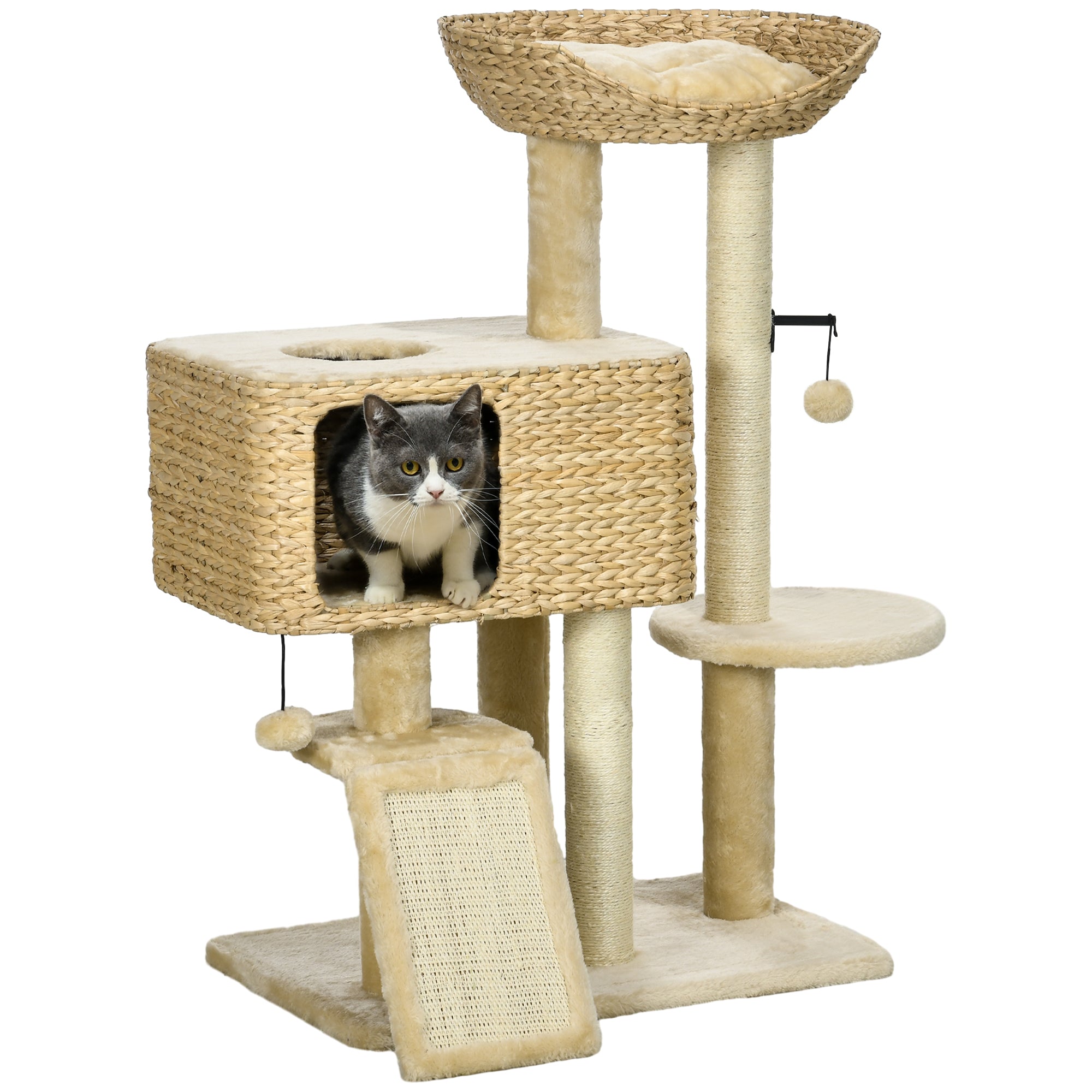 PawHut 95cm Cat Tree Tower for Indoor Cats, with Scratching Post, Cat House, Toy Ball, Platform - Beige - North Peak Garden Furniture