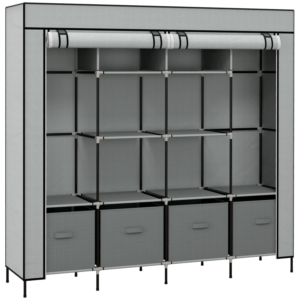 HOMCOM Fabric Wardrobe for Bedroom, Portable Cloth Wardrobe with 10 Compartments, 2 Hanging Rails and 4 Fabric Drawers, 166 x 42.5 x 169.5cm, Dark Grey