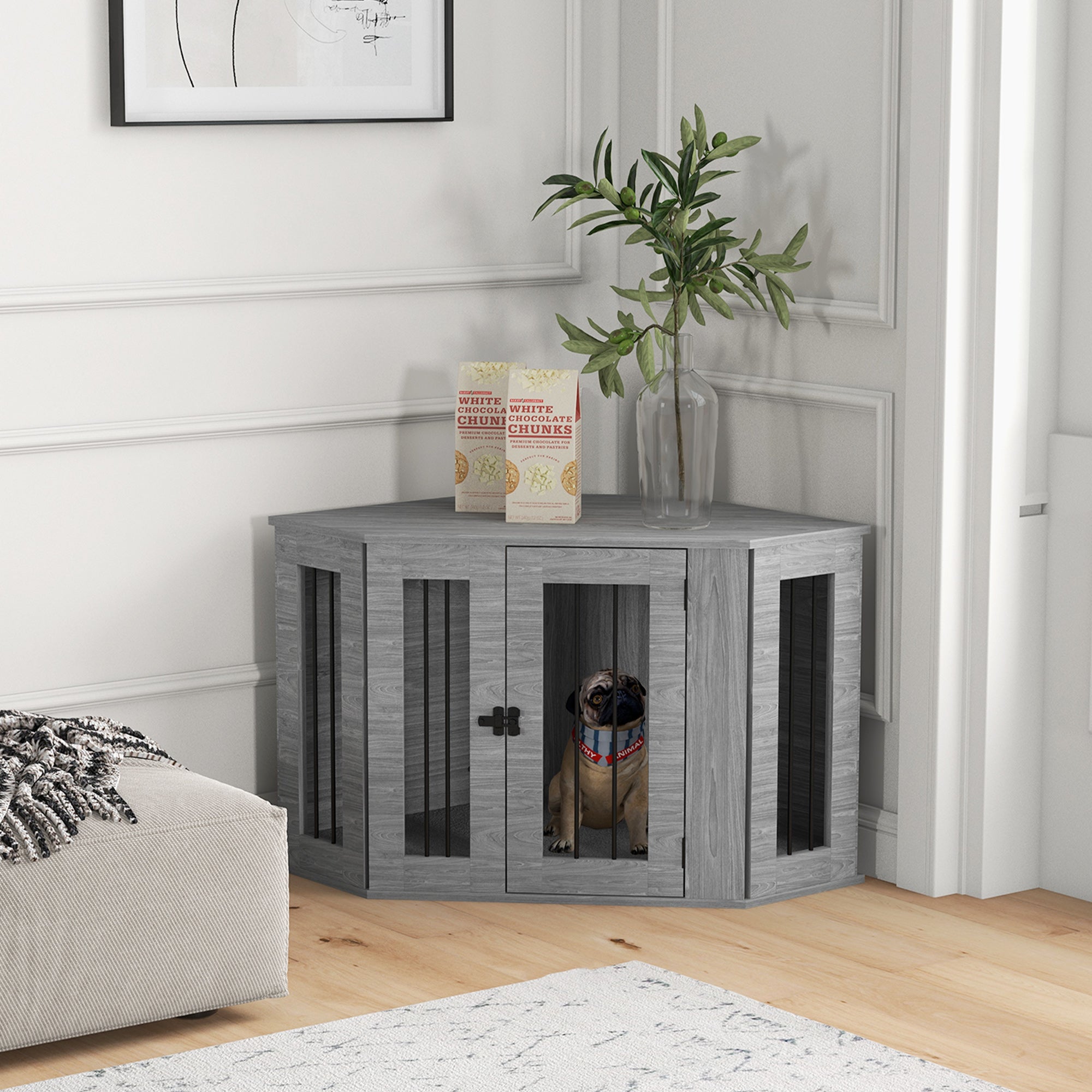 PawHut 2 in 1 Dog Crate Furniture Side Table, with Cushion, 104 x 55 x 63cm - Grey - North Peak Garden Furniture