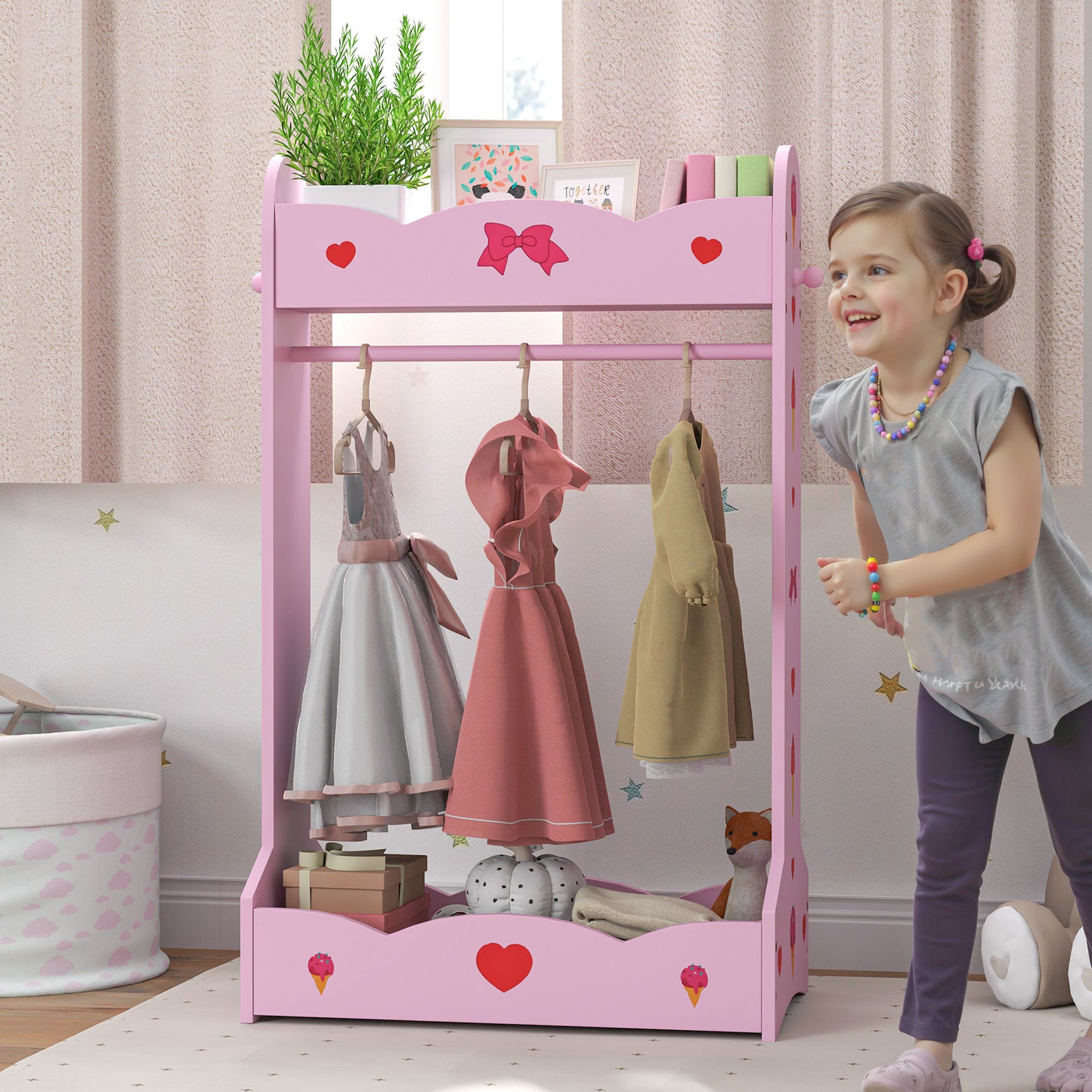 AIYAPLAY Kids Clothes Rail with 2 Storage Shelves for 3-8 Years Old, Hot Pink - North Peak Garden Furniture