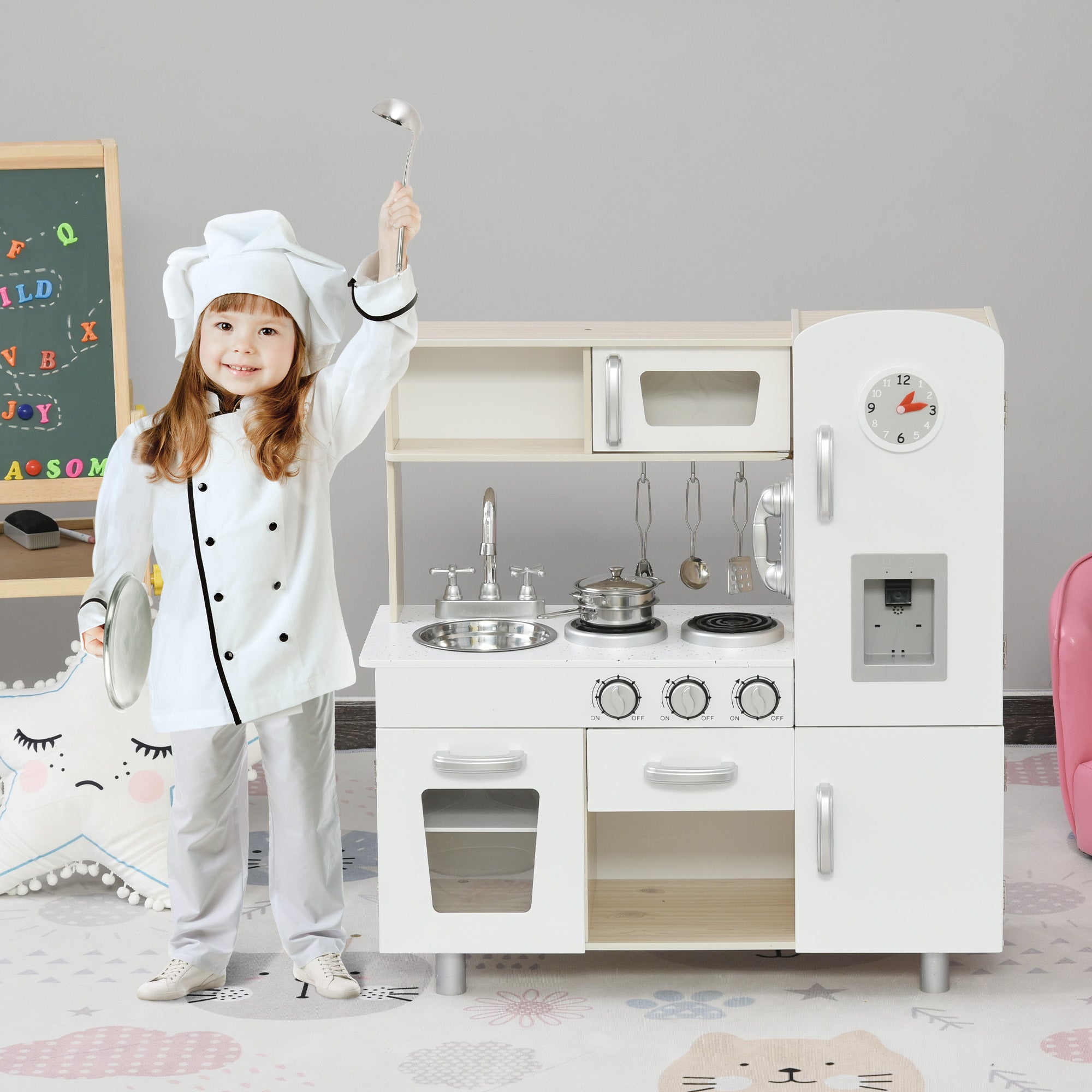 HOMCOM Kids Wooden Pretend Play Toy Kitchen Cooking Set Role Play Phone for Boys Girls White - North Peak Garden Furniture