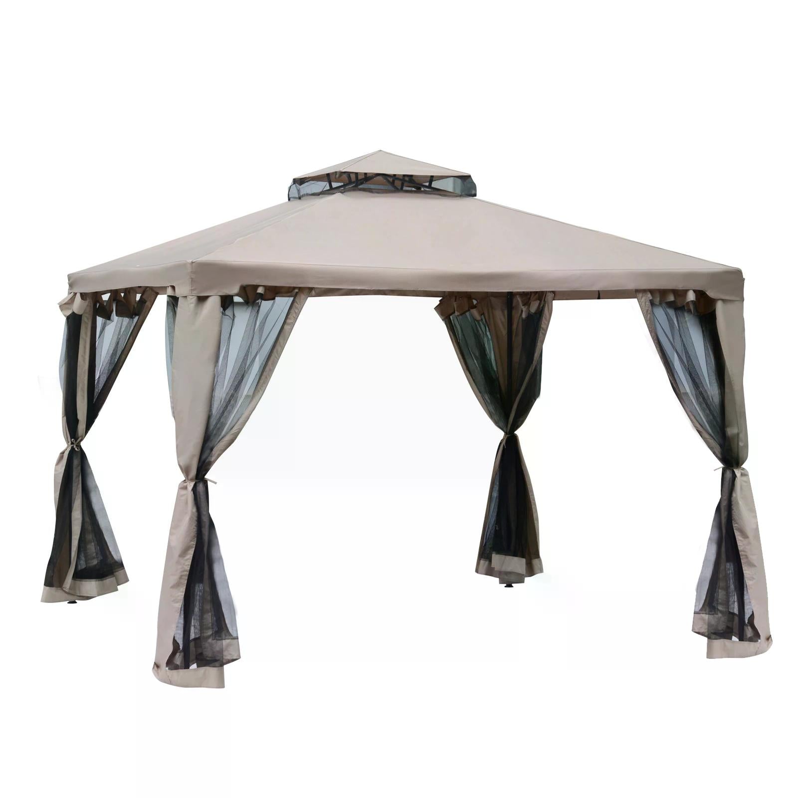Outsunny Outdoor Gazebo, 2-tier Roof W/Netting, 295L x 295W x 263Hcm-Taupe - North Peak Garden Furniture