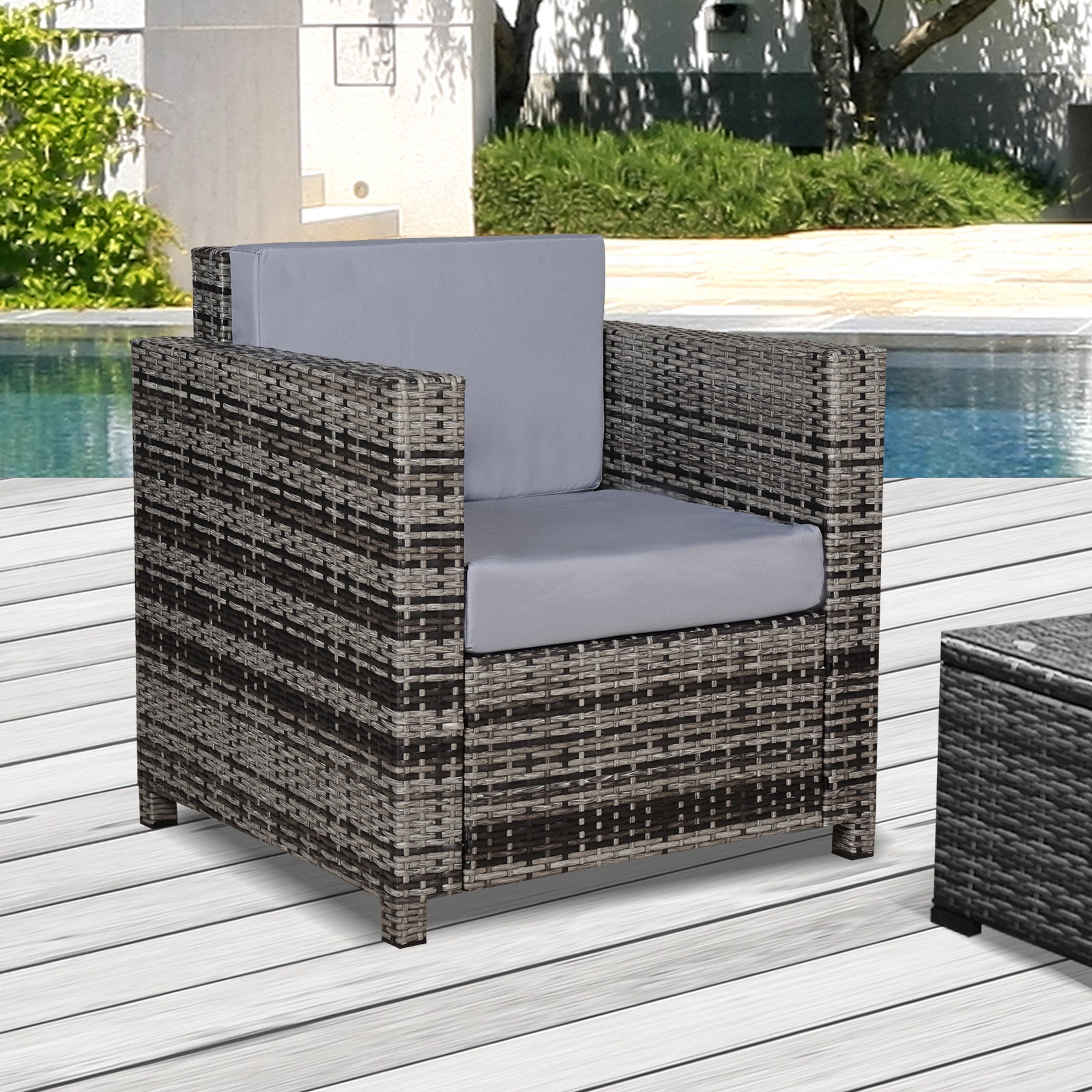 Outsunny Single Seater Rattan Chair Sofa with 10 cm Thick Padded Cushion, All-Weather PE Wicker Weave Garden Armchair with Armrests, Grey - North Peak Garden Furniture