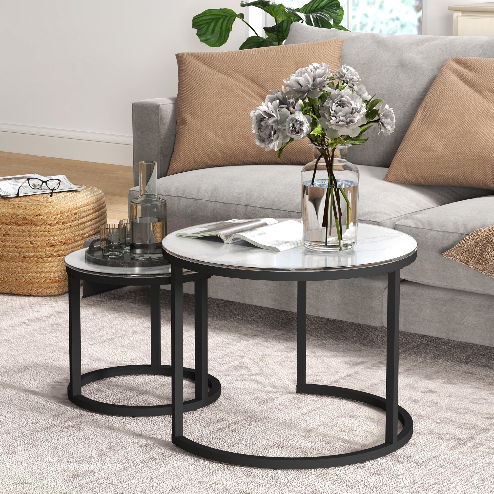 HOMCOM Glass Coffee Table Set of 2, Round Nest of Tables with Marble-Effect Tempered Glass Tabletop and Steel Frame, Modern Side Tables for Living Room, White - North Peak Garden Furniture