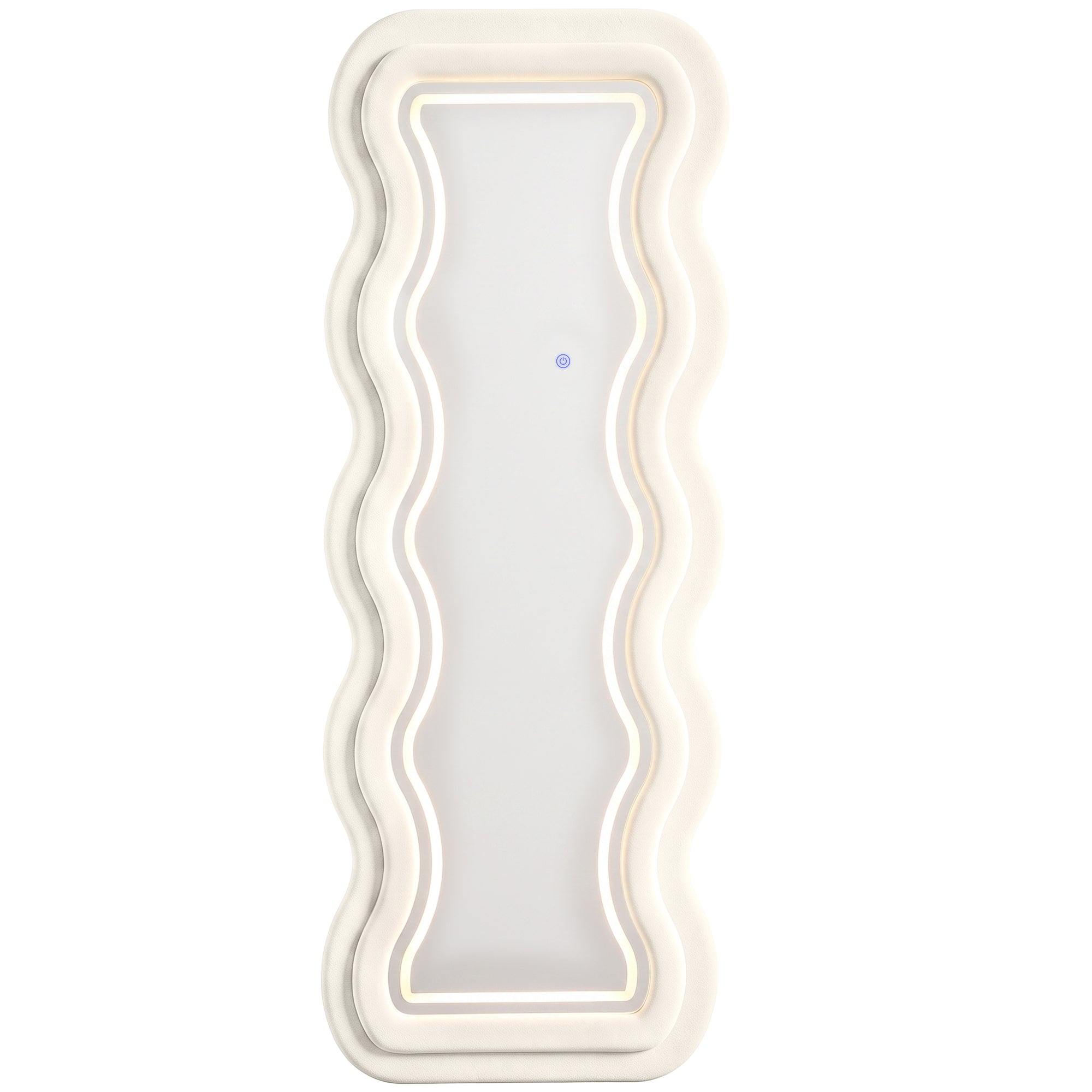 HOMCOM Full Length Mirror, 160 x 60 cm Wavy Full Body Wall Standing Mirror with Velvet Frame and LED Light Strip, Cream White