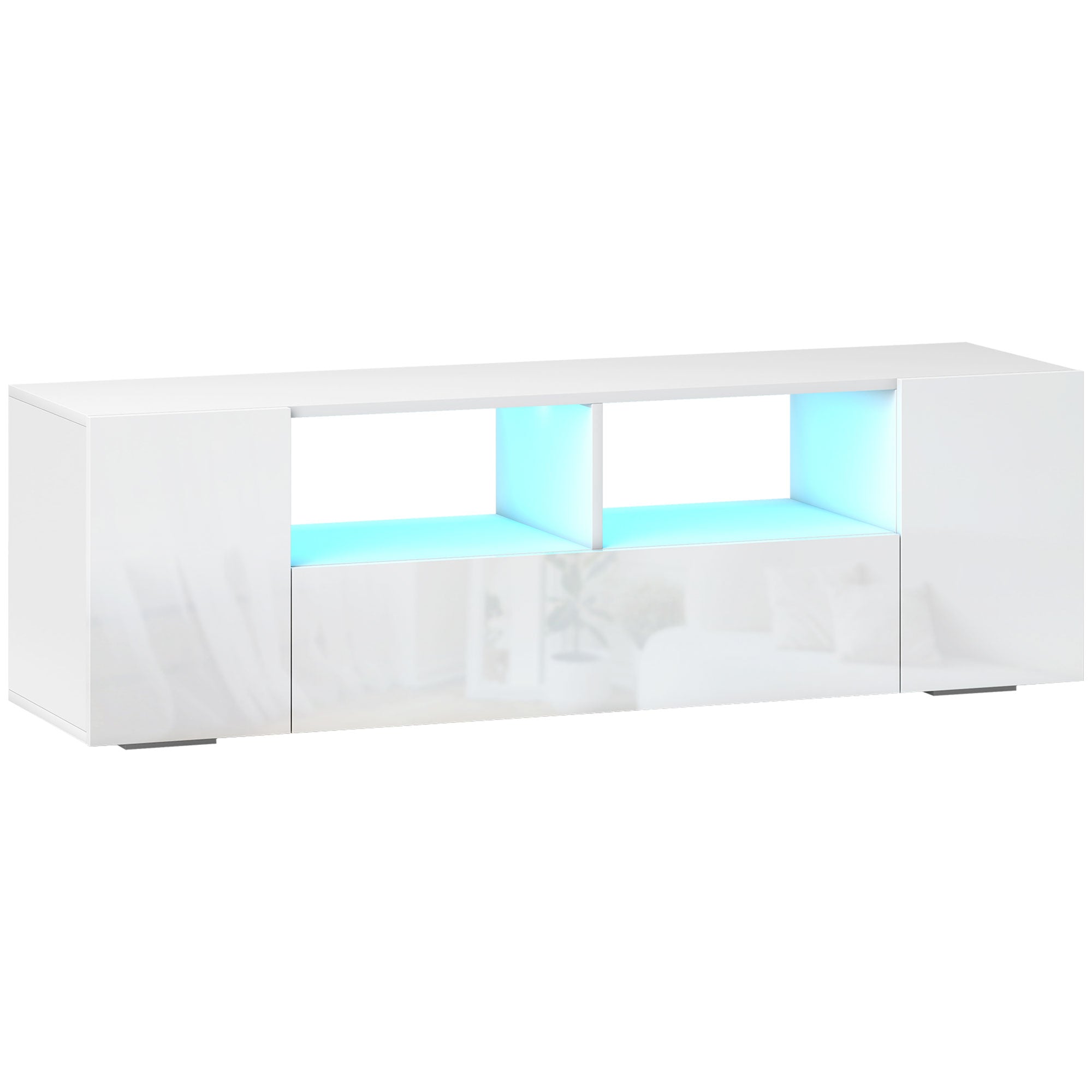 HOMCOM 16 LED Light TV Stand, with Storage - High Gloss White - North Peak Garden Furniture