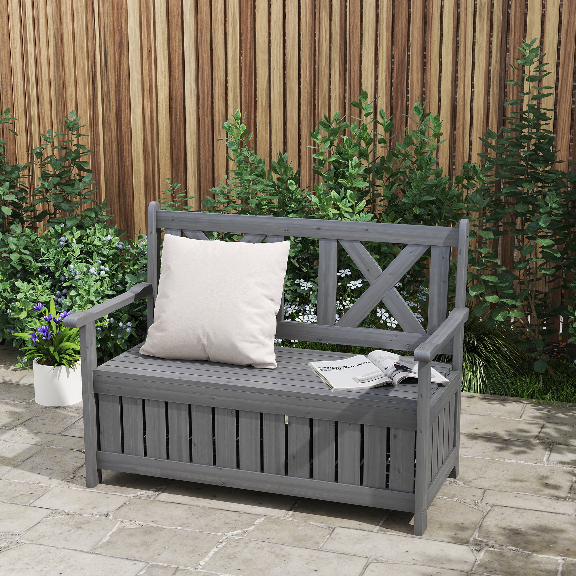 Outsunny 2-Seater Garden Storage Bench for Patio Wood Porch Decor Outdoor Seating, Charcoal Grey - North Peak Garden Furniture