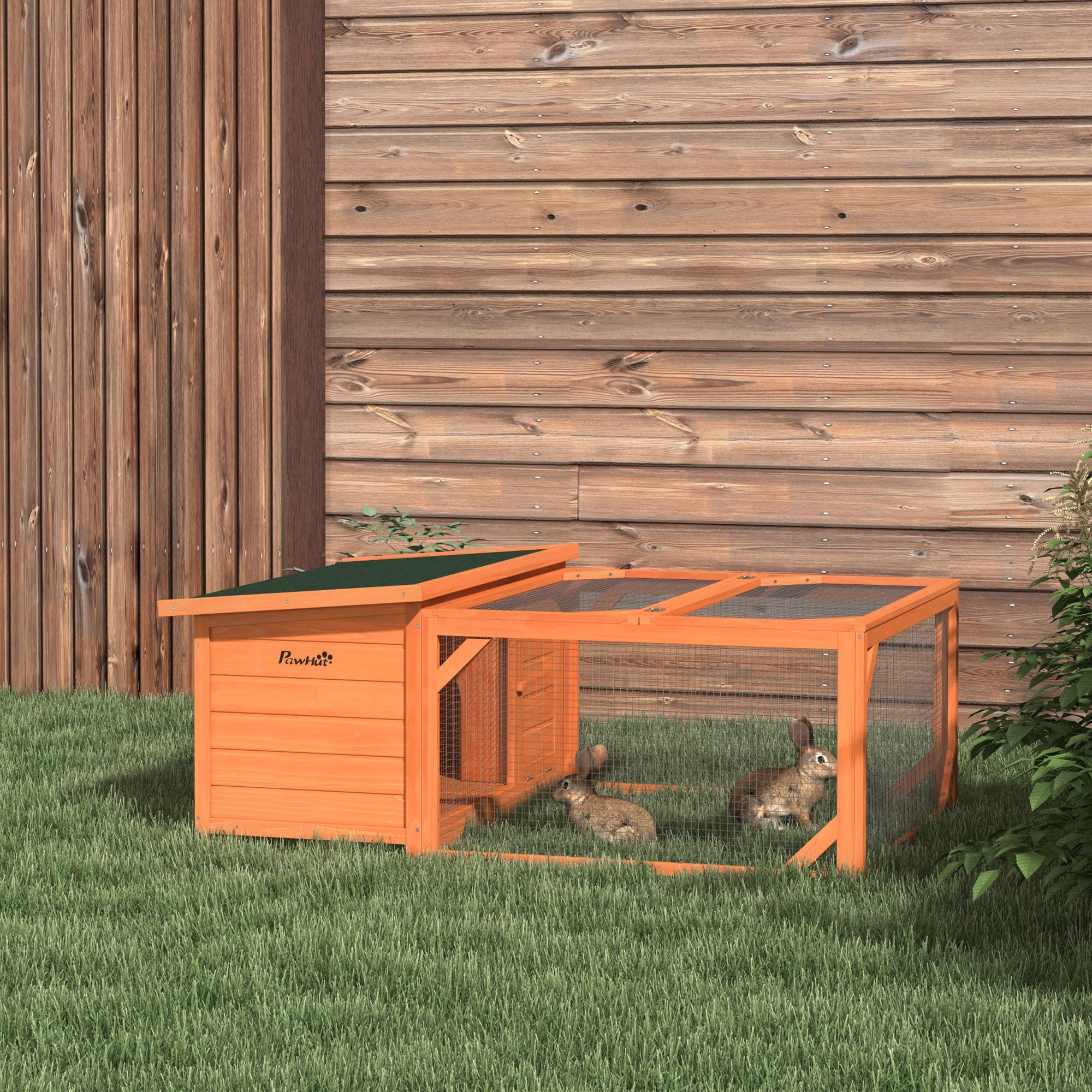 PawHut Rabbit Hutch Outdoor Guinea Pig Hutch with Run Small Animal Off-ground Duck House Hideaway Backyard with Openable Roof 125.5 x 100 x 49cm Orange - North Peak Garden Furniture