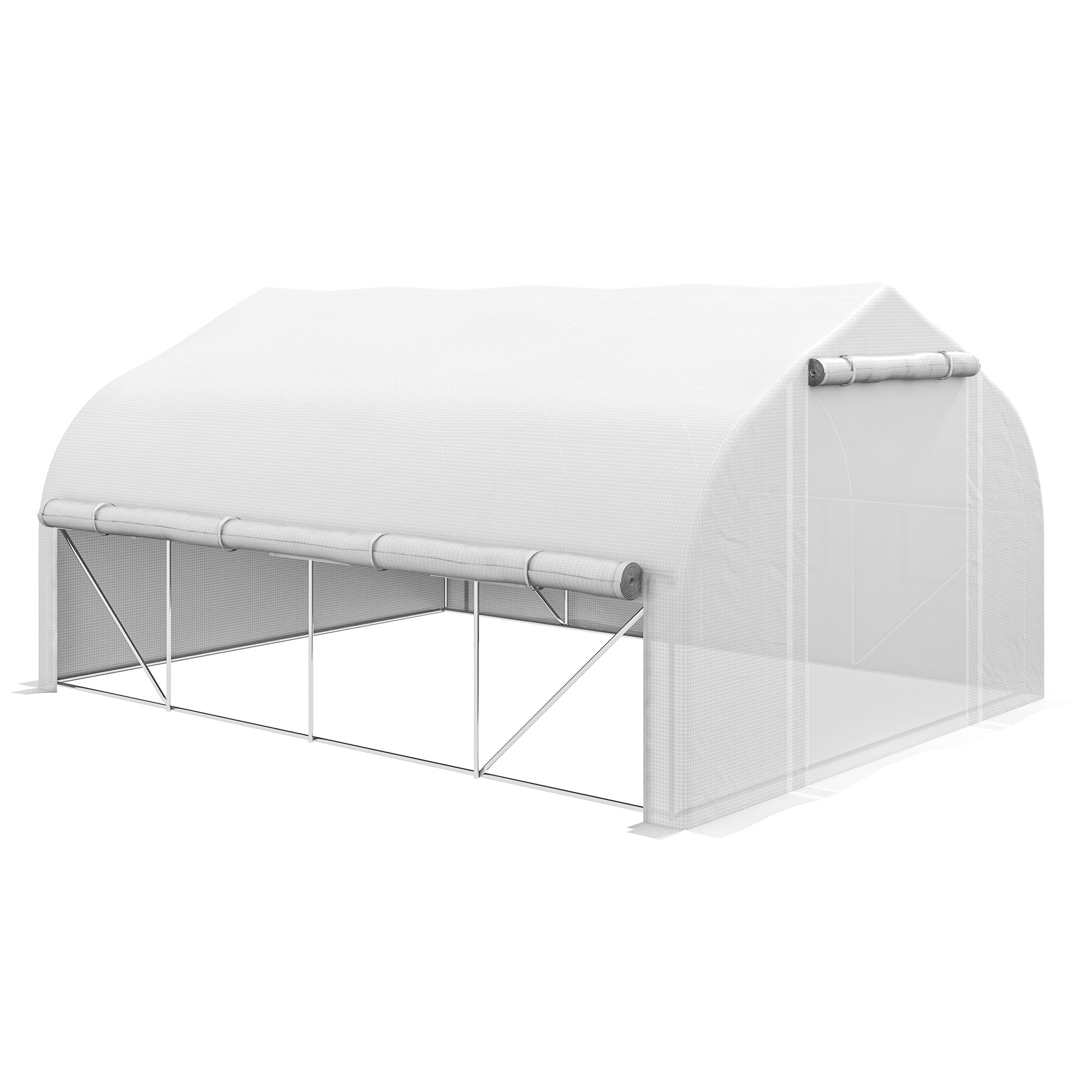 Outsunny 4 x 3(m) Walk-in Polytunnel Greenhouse, Zipped Roll Up Sidewalls, Mesh Door, 8 Mesh Windows, Tunnel Warm House Tent with PE Cover, Complimentary Plant Labels and Gloves, White - North Peak Garden Furniture