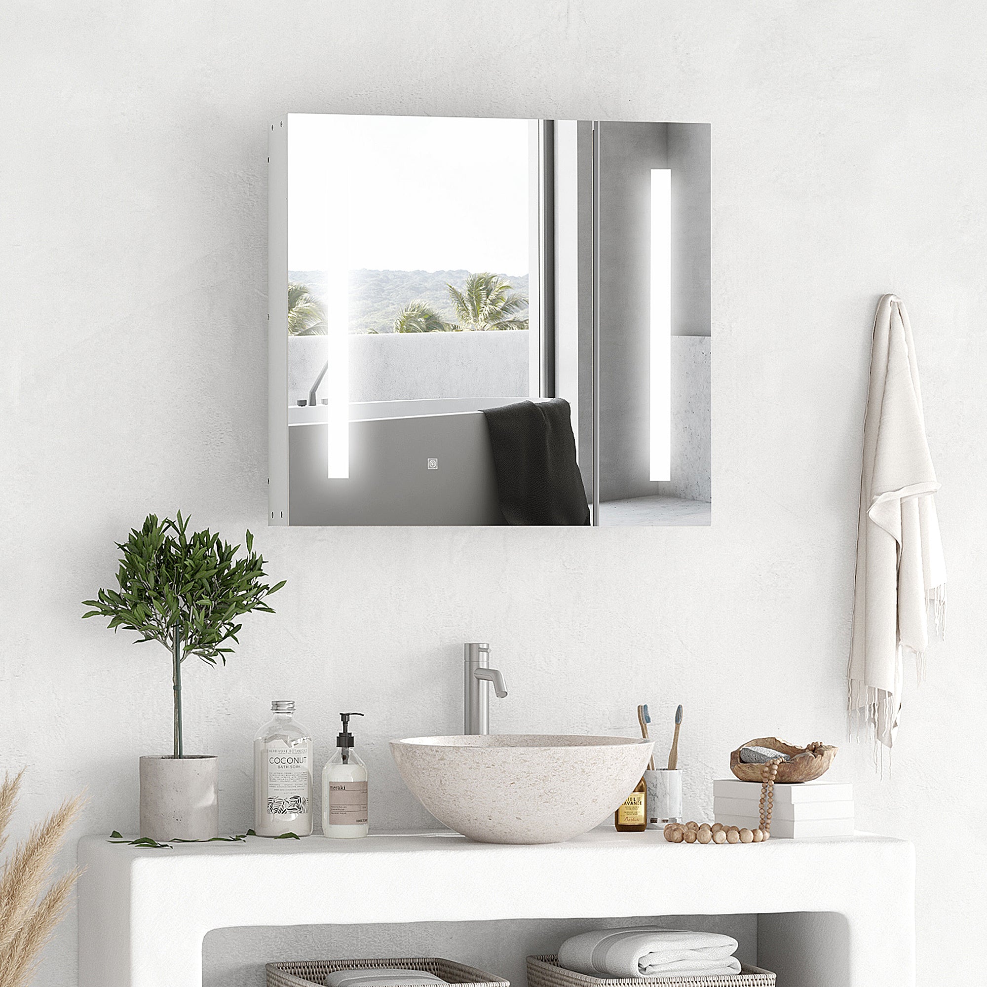 Illuminated Bathroom Mirror Cabinet 650 x 700Hmm LED Bathroom Mirror with Lights Touch Switch, Adjustable Shelf, USB Charge, White - North Peak Garden Furniture
